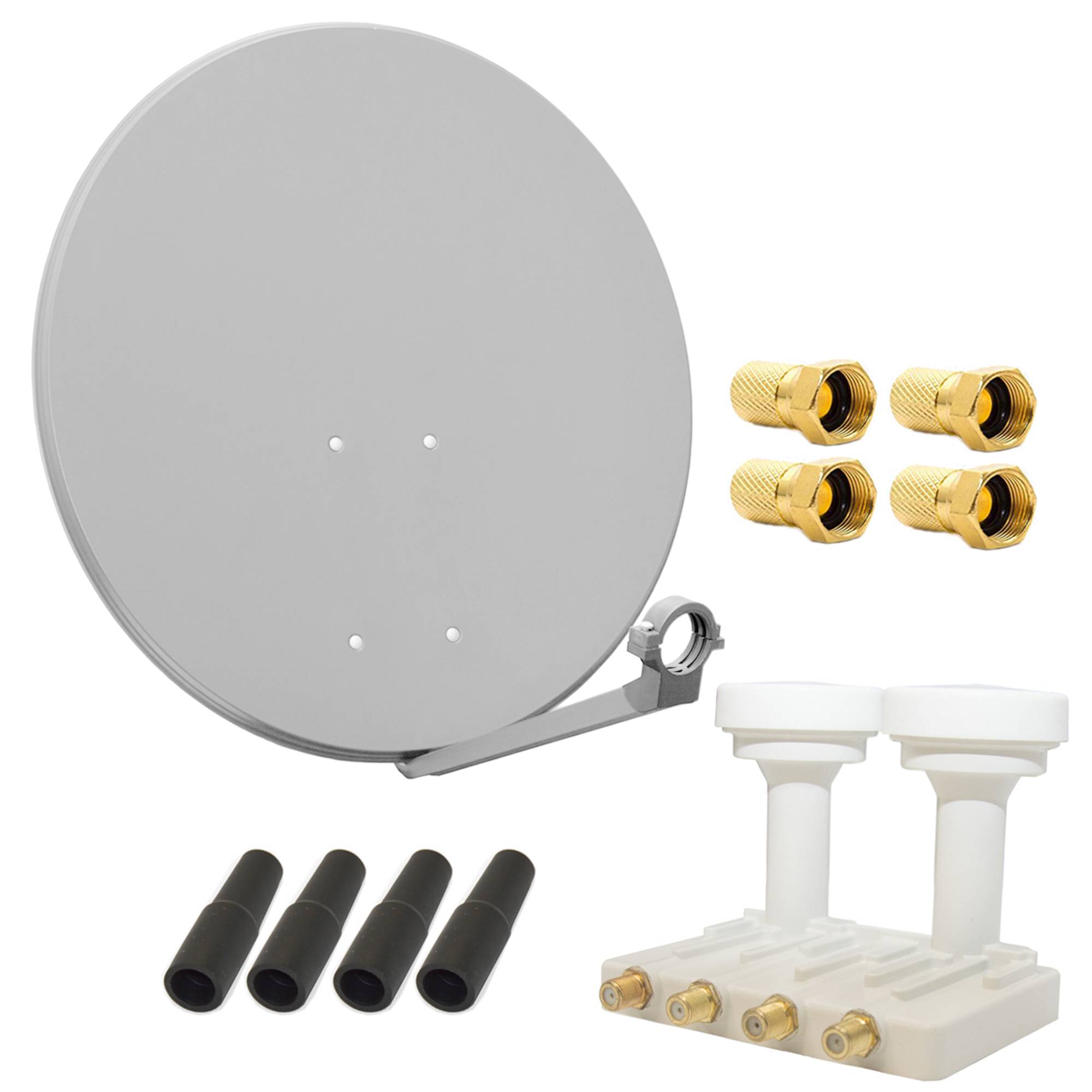 PremiumX Satelliten-Komplettanlage 80cm Satellitenschüssel Aluminium Hellgrau Quad LNB Monoblock Astra Hotbird, 2 SAT 4 Teilnehmer