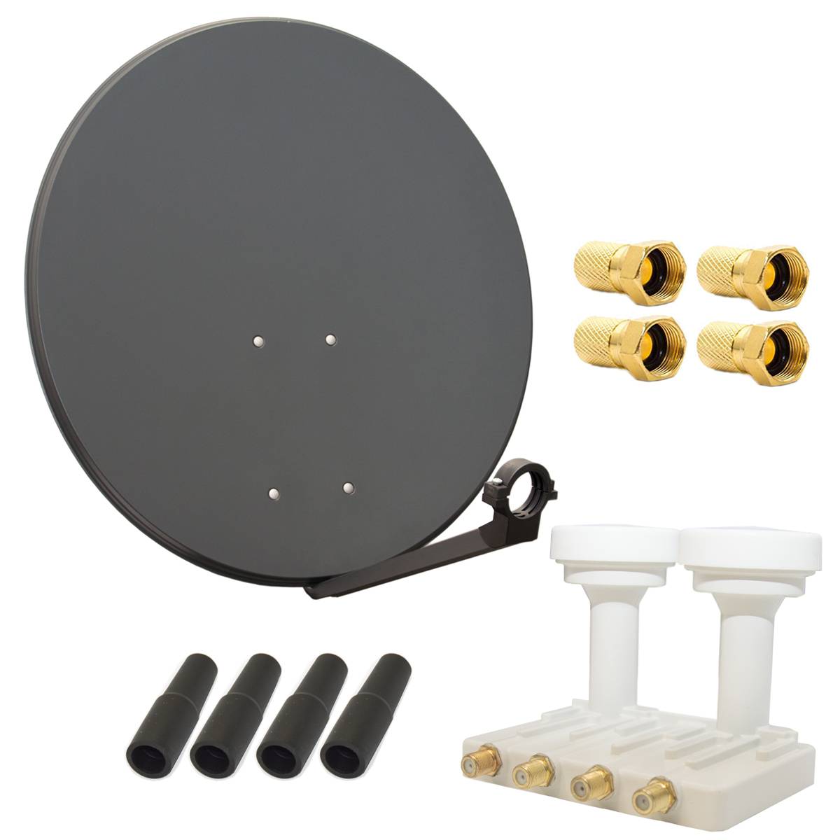 Satellitenantennenen-Set mit Halterungsarm, Koaxialsteckern, schwarzen Kabelkappen und einer weißen Dual-LNB-Einheit auf weißem Hintergrund.