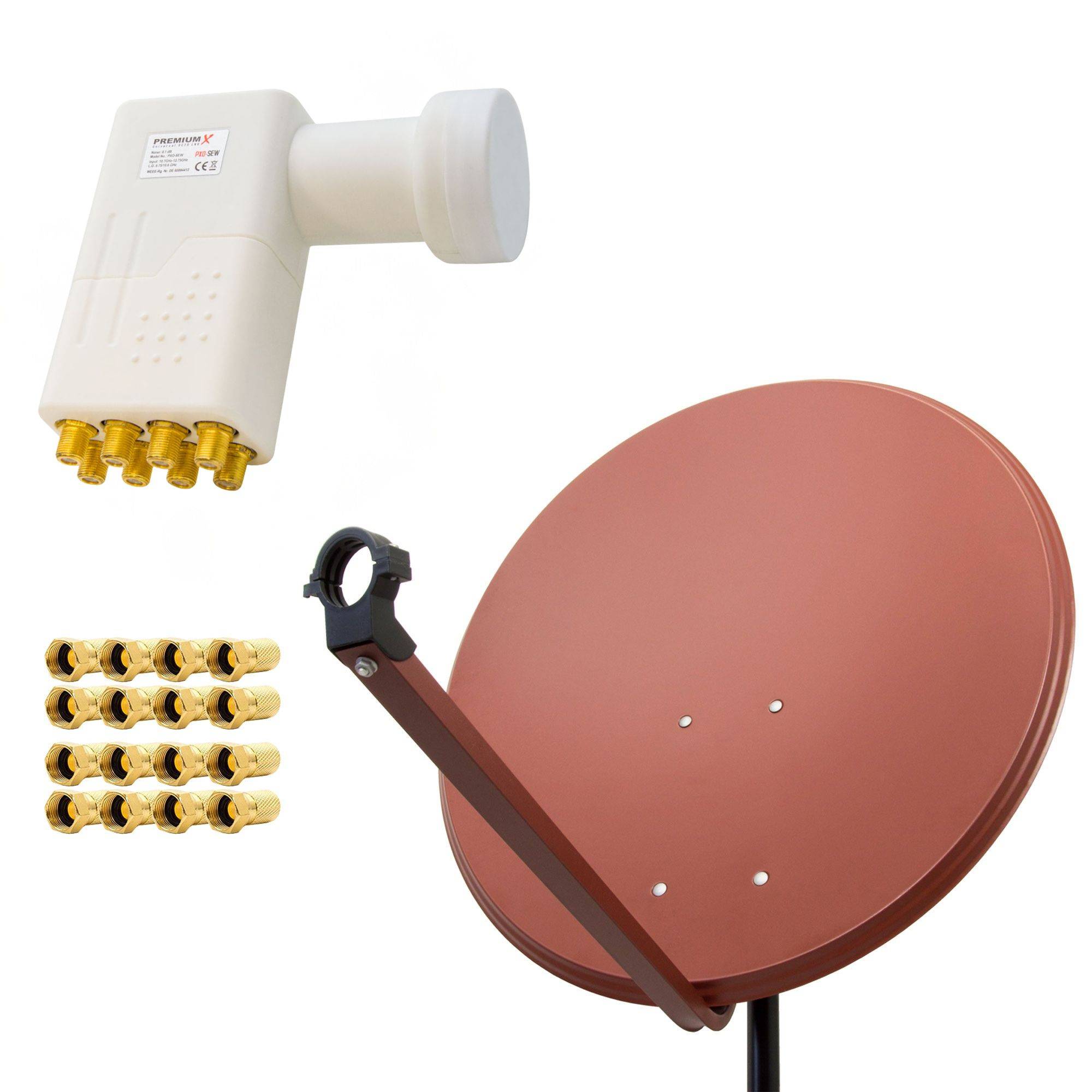 PremiumX Satelliten-Komplettanlage 80cm Satellitenschüssel Aluminium Rot Satellitenantenne Octo LNB F-Stecker, SAT bis 8 Teilnehmer