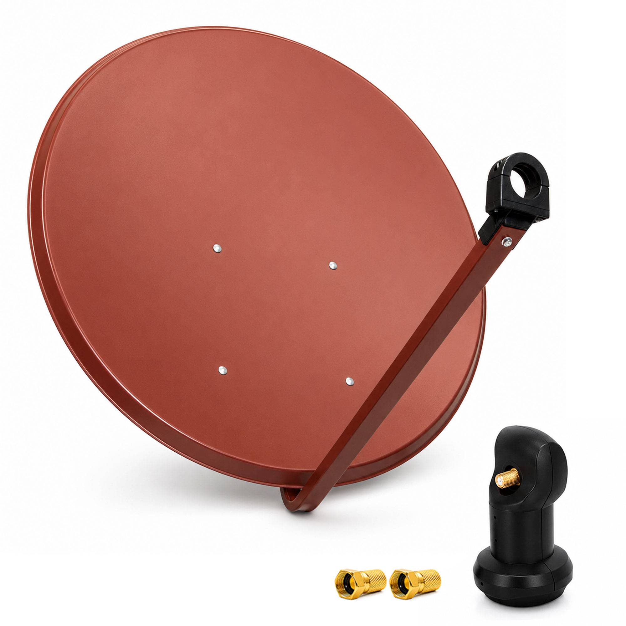 Rote Satellitenschüssel-Antenne mit Halterungsarm, schwarze Basismontage und zwei goldene Steckverbinder auf weißem Hintergrund.