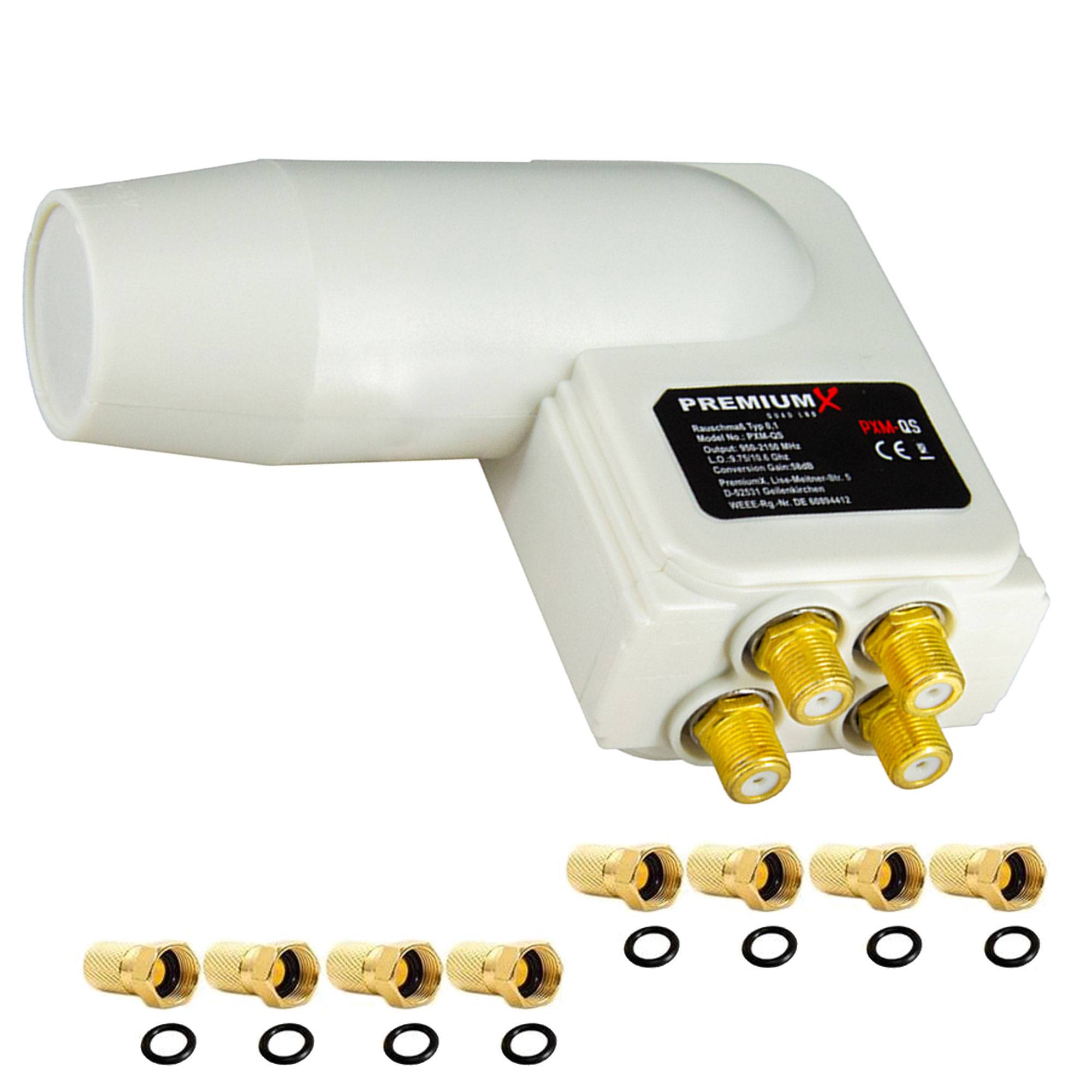 Premium X Quad LNB - 4Fach - für 4 Teilnehmer - 4K Full HD - mit Wetterschutz und LTE Filter + 8X F-Stecker für Satellitenschüssel Digital TV Ferns