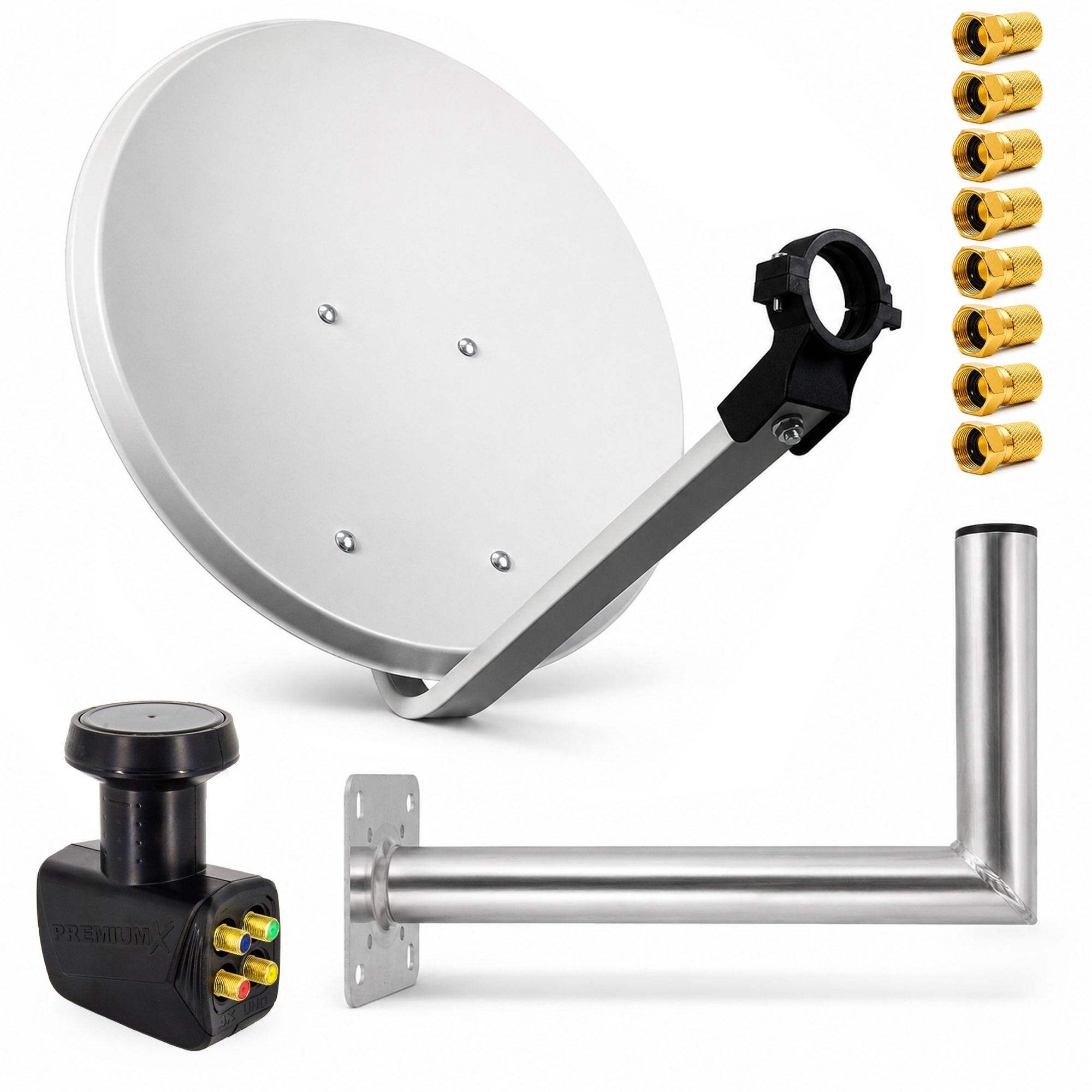 Satellitenschüssel-Set mit Montagarm, Wandhalterung, L-förmigem Mast, Koaxialstecker und einer Reihe vergoldeter F-Stecker auf weißem Hintergrund