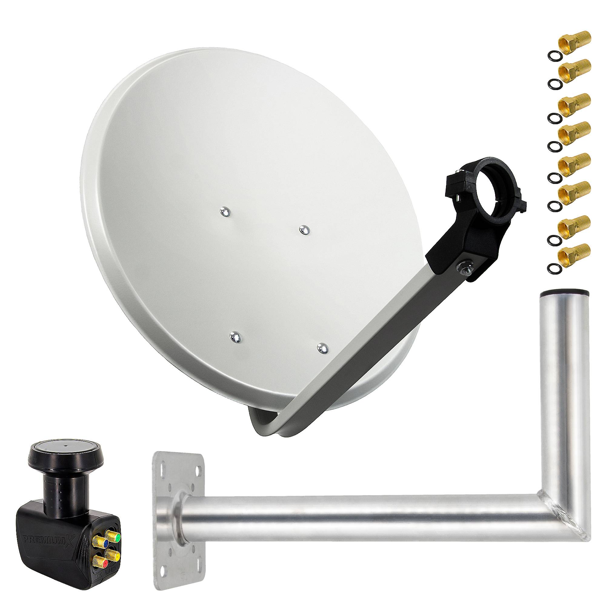 PremiumX SAT Anlage 45cm Hellgrau Satelliten-Antenne Stahl Satellitenschüssel Quad LNB Wandhalter 45cm F-Stecker bis 4 Teilnehmer