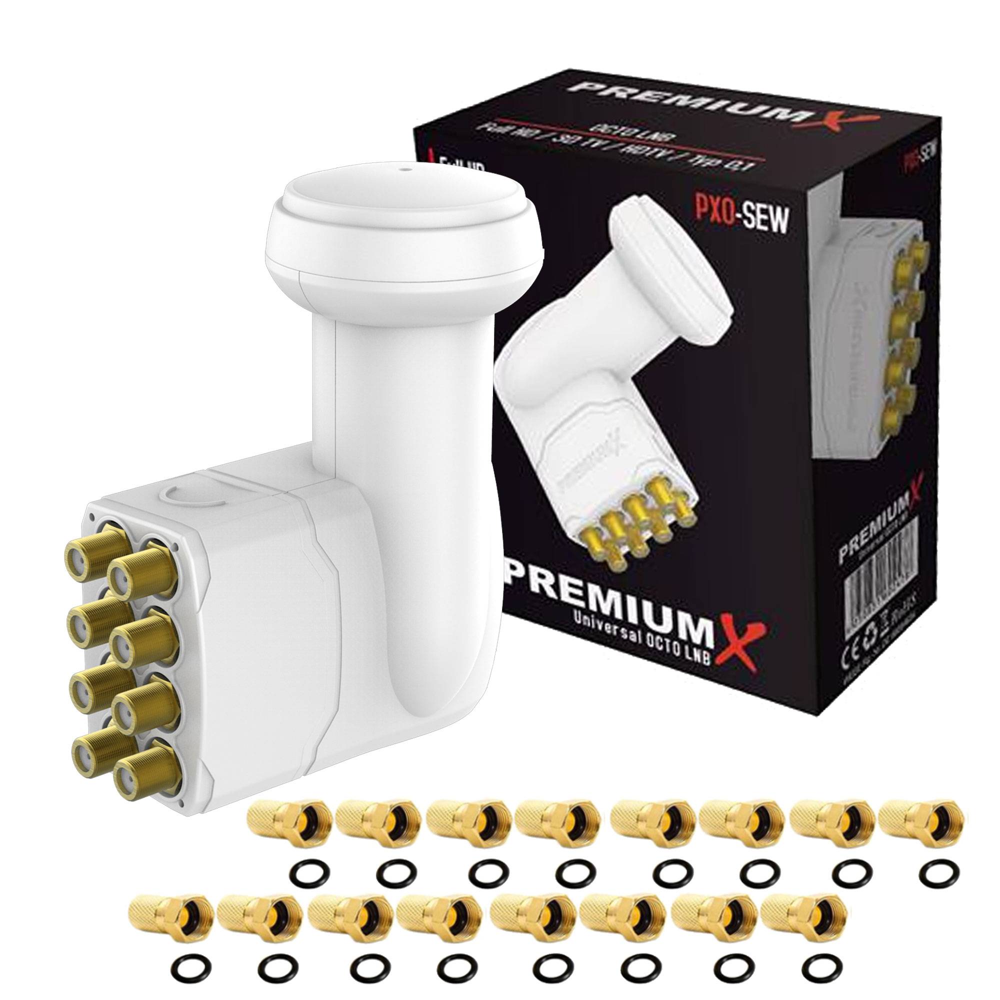 Premium X Octo LNB - 8Fach - für 8 Teilnehmer - 4K Full HD - mit Wetterschutz und LTE Filter + 16X F-Stecker für Satellitenschüssel Digital TV Fern