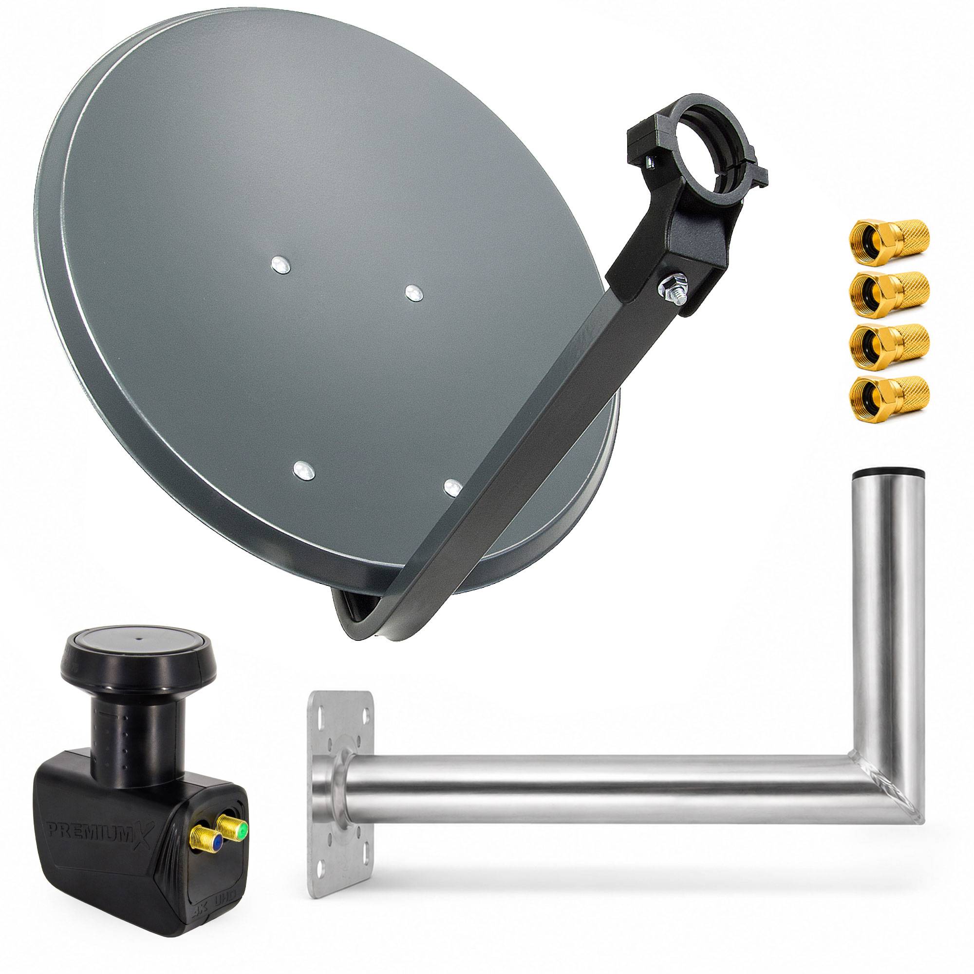 Satellitenschüssel-Montageset mit Schüssel, Wandhalterung, L-förmigem Mast, Empfänger und vergoldeten Anschlüssen auf weißem Hintergrund.