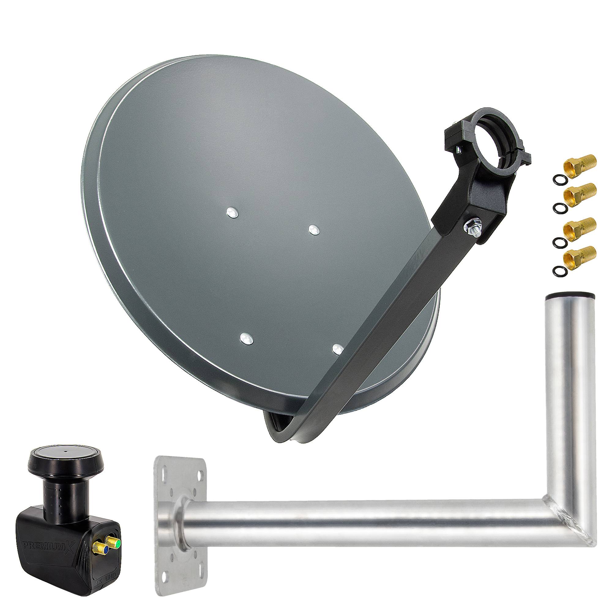 PremiumX Satelliten-Komplettanlage 45cm Anthrazit Satellitenantenne Satelliten-Schüssel SAT Twin LNB Wandhalter 45cm 4x F-Stecker
