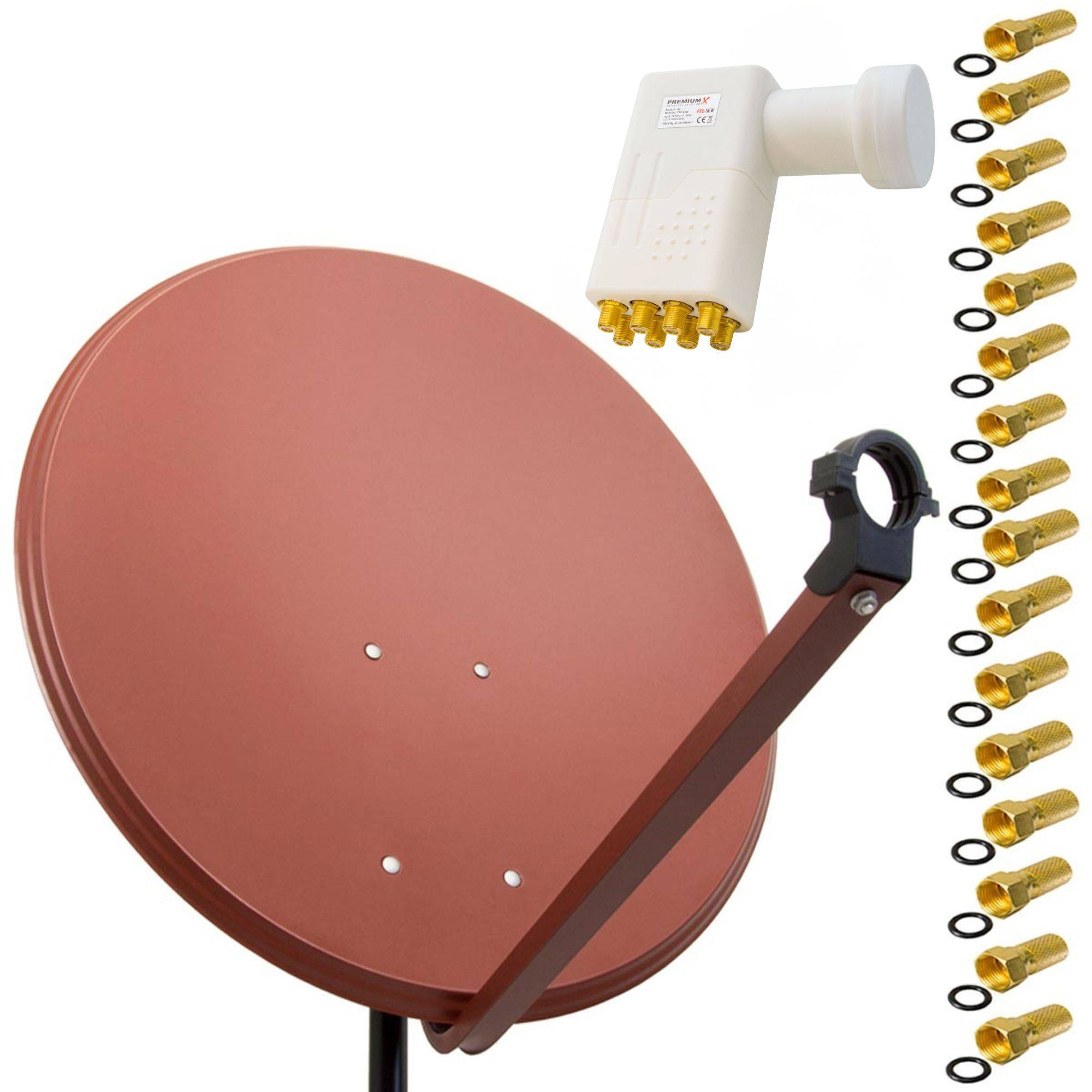 PremiumX Satelliten-Komplettanlage 100cm Satellitenschüssel Ziegelrot Satellitenantenne Octo LNB F-Stecker, SAT bis 8 Teilnehmer