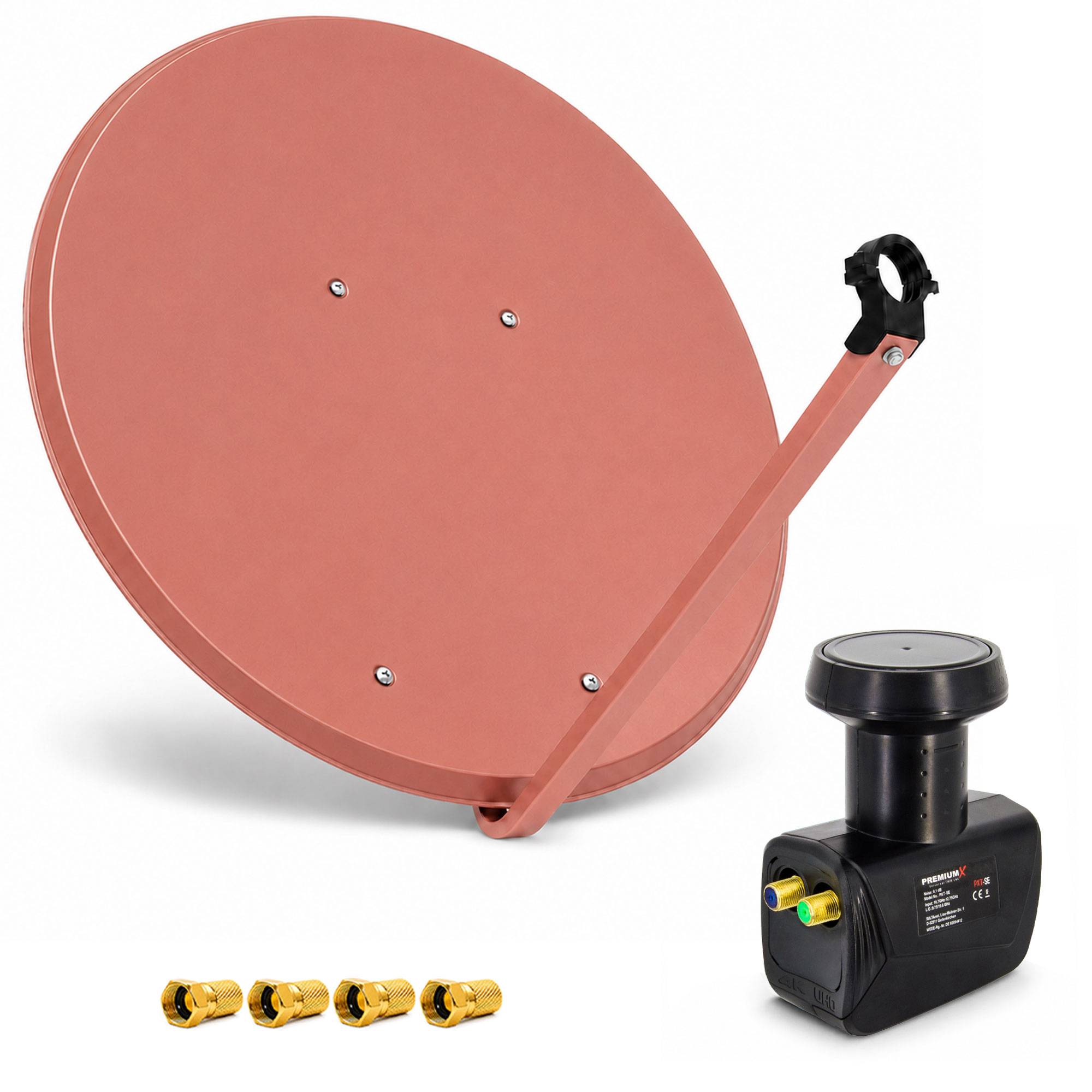 Satellitensch├╝ssel mit Montagearma, LNB-Empf├Ąnger und vier Steckverbindern auf wei├čem Hintergrund gezeigt.