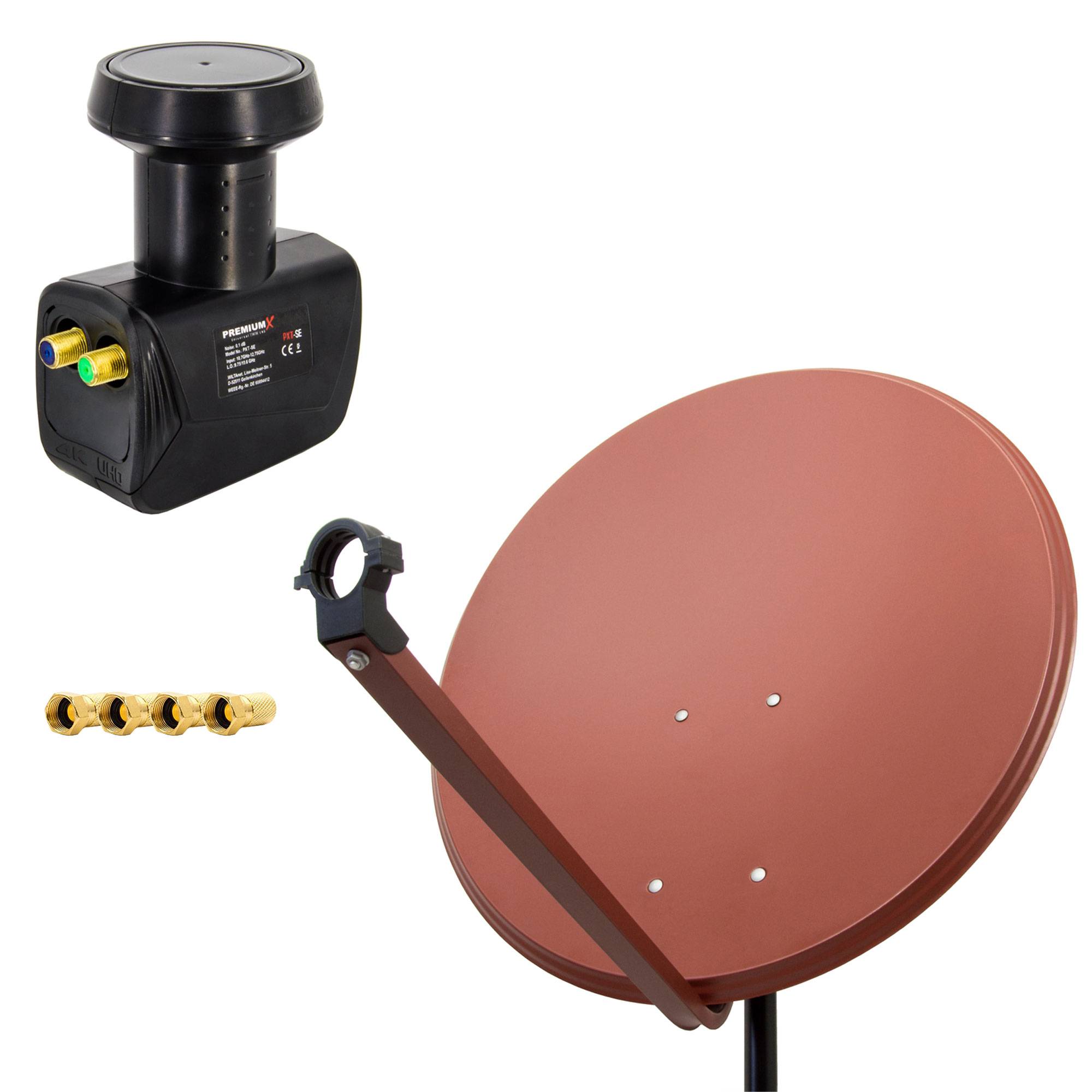 PremiumX Satelliten-Komplettanlage 100cm Satellitenschüssel Aluminium Rot Satellitenantenne Twin LNB F-Stecker, SAT bis 2 Teilnehmer