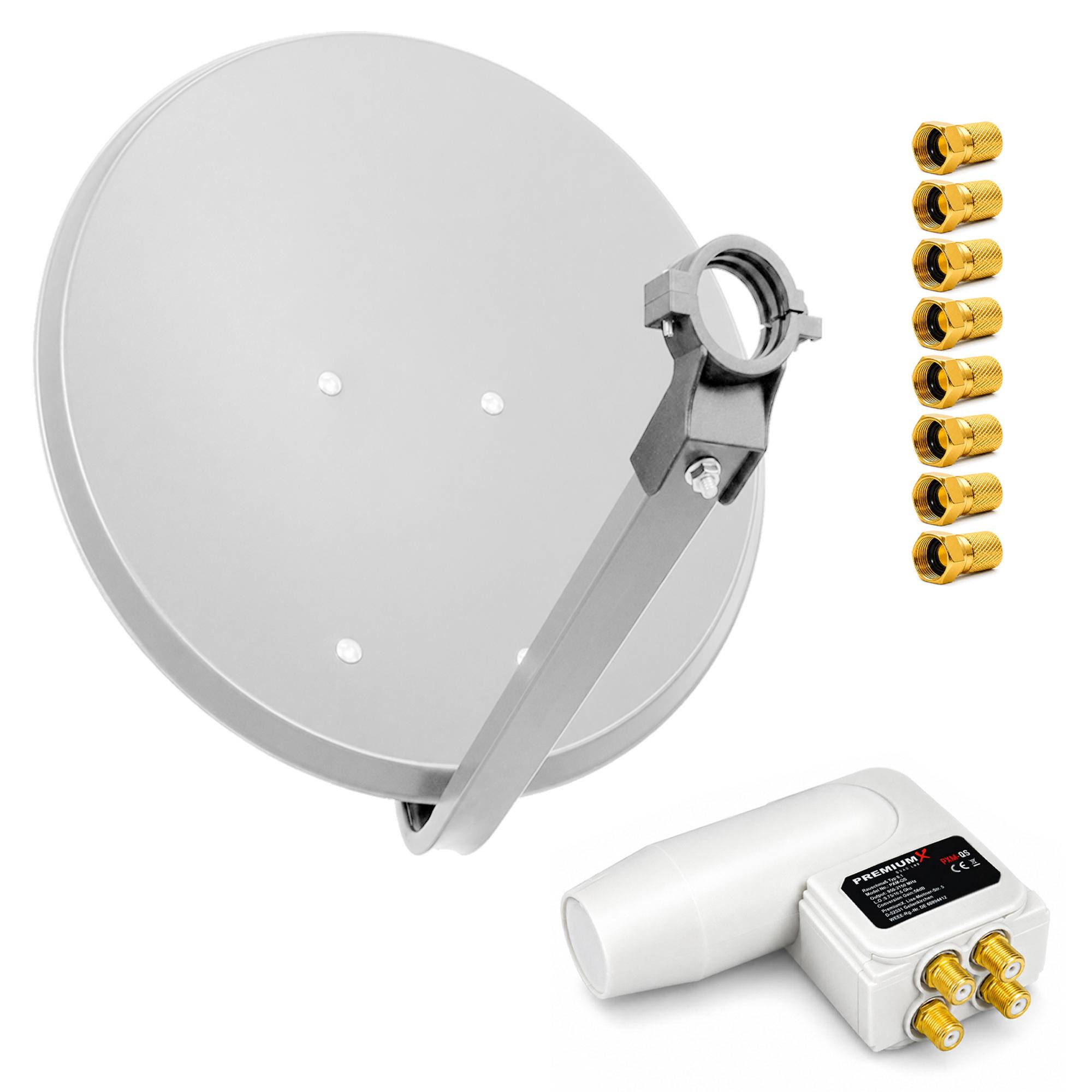 Satellitenschüssel mit Montagarm und acht vergoldeten Koaxialsteckern, plus eine unten gezeigte LNB-Empfängereinheit.