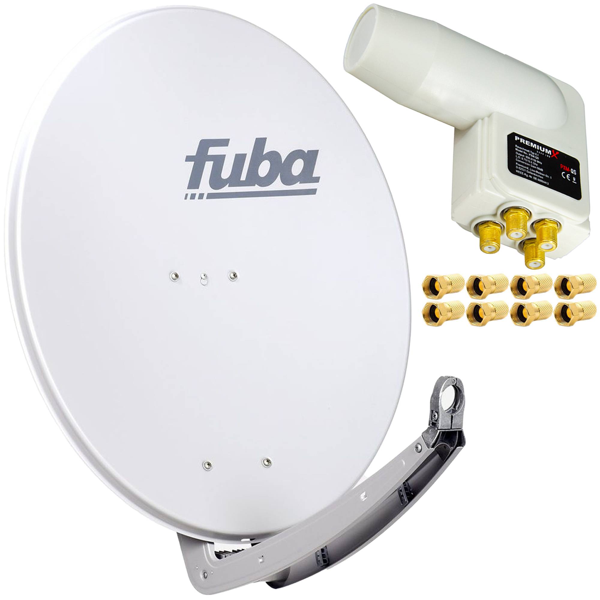 Premium X Satelliten-Komplettanlage Fuba DAA 780 G Satellitenschüssel Alu Grau Quad LNB weiß 8x F-Stecker für 4 Teilnehmer