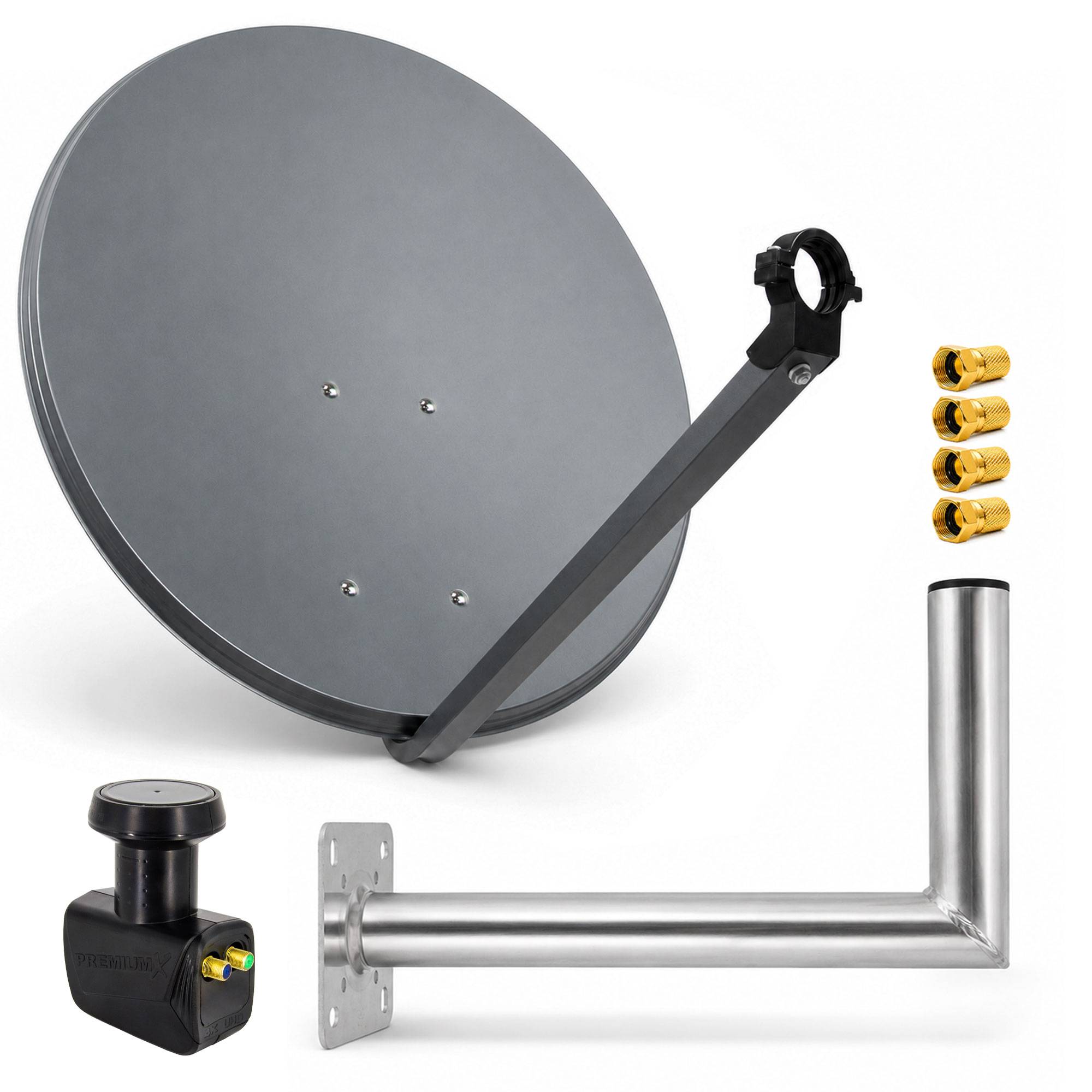 Satellitenschüssel-Montageset mit Schüssel, L-förmiger Wandhalterung, LNB und Koaxialsteckern auf weißem Hintergrund dargestellt.