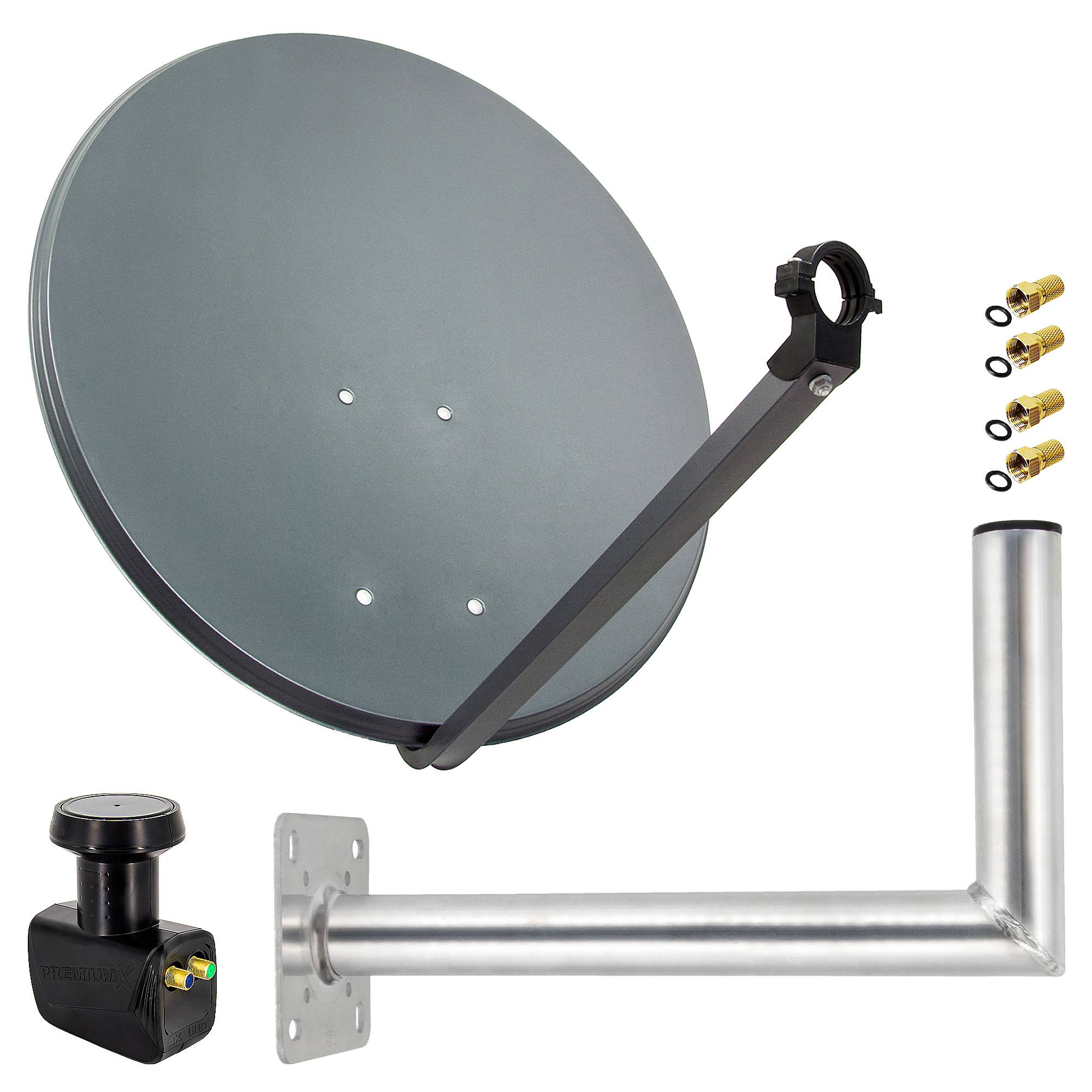 PremiumX Satelliten-Komplettanlage 80cm Satellitenantenne Anthrazit Satellitenschüssel Twin LNB Wandhalter 45cm, 1 SAT 2 Teilnehmer