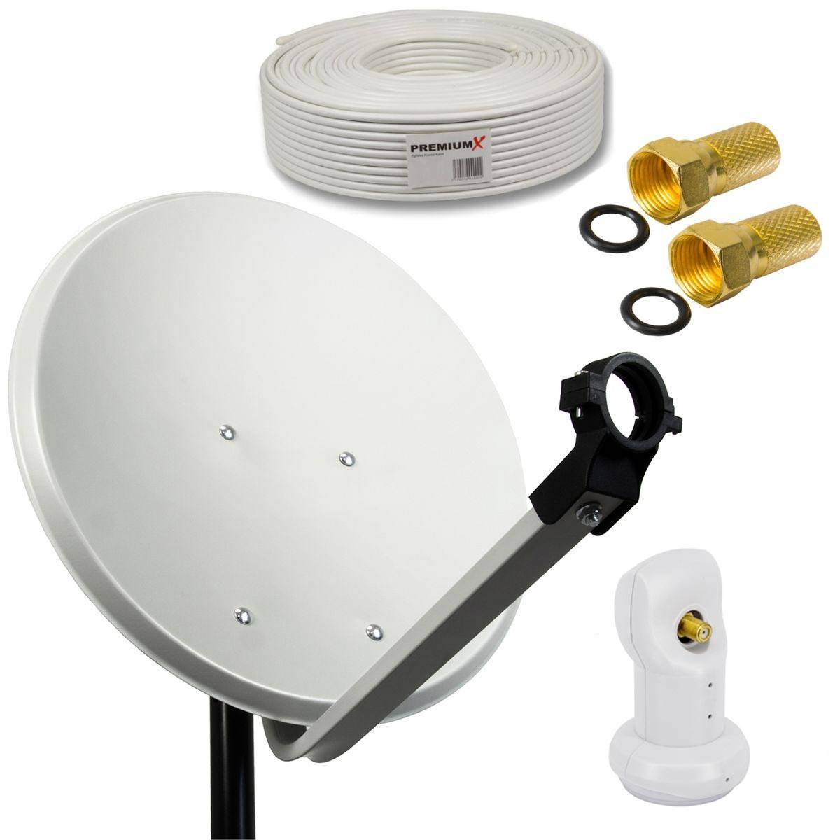 PremiumX Camping Sat Anlage 45cm Satelliten-Schüssel Hellgrau Single LNB Weiß 0,1db 10m Koaxial-Kabel 2x F-Stecker