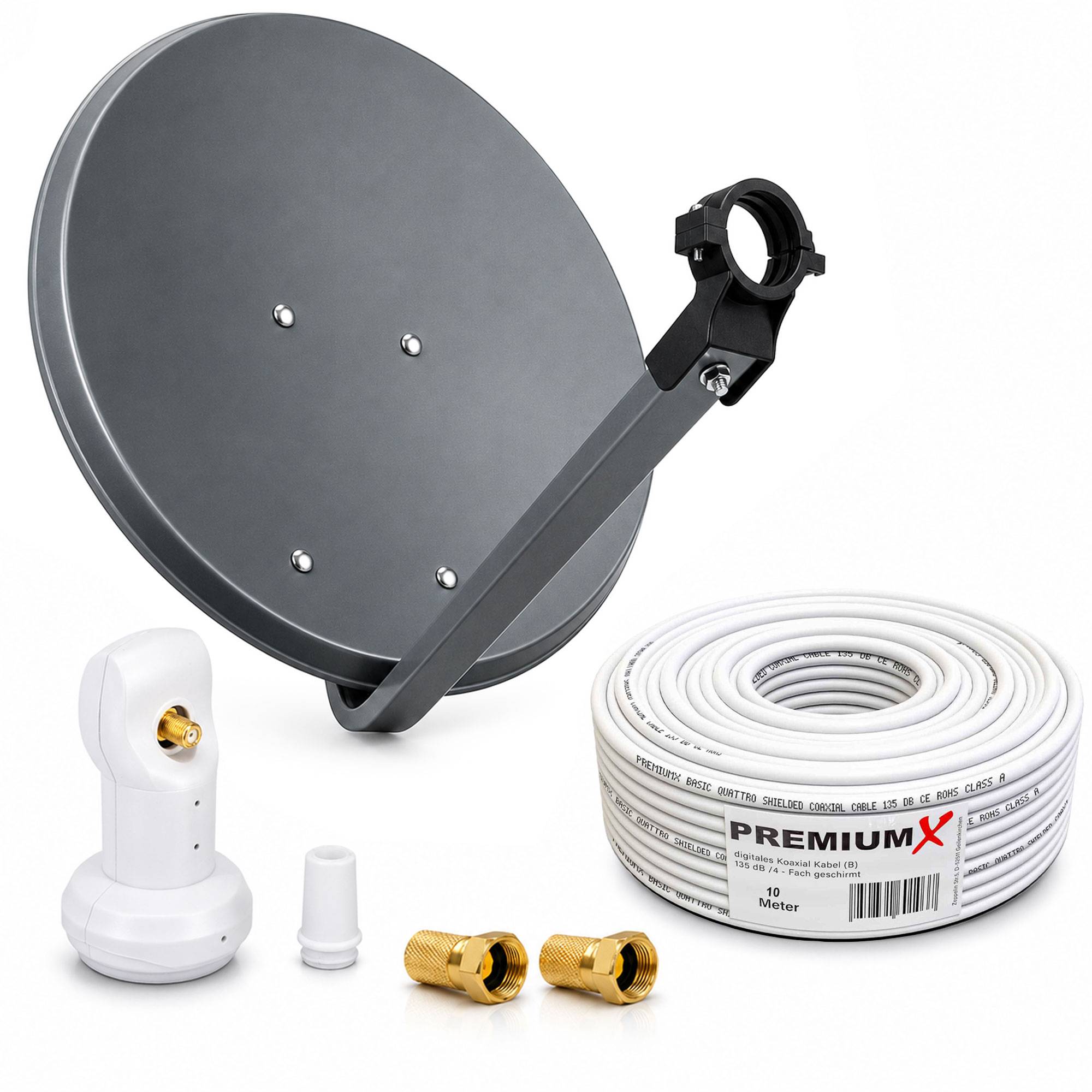 Satellitenantenneset mit Halterungsarm, LNB-Halter, weiße Empfängereinheit, Koaxialkabelrolle und zwei Goldverbindungen auf weißem Hintergrund.