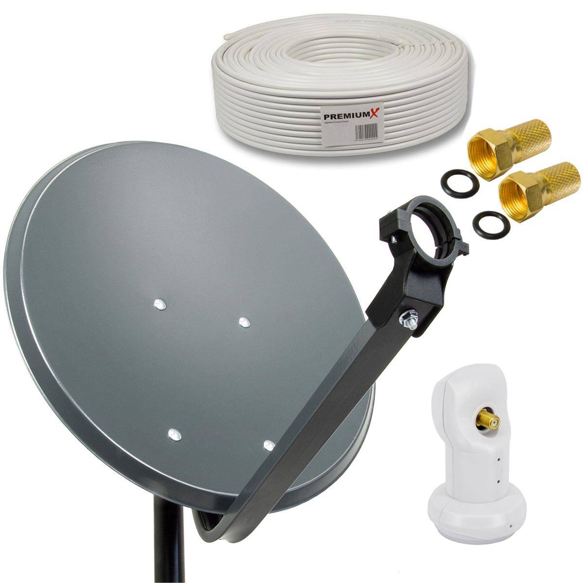 PremiumX Camping Satelliten-Komplettanlage 45cm Anthrazit Satelliten-Schüssel SAT Single LNB 4K 10m Koaxialkabel 2x F-Stecker