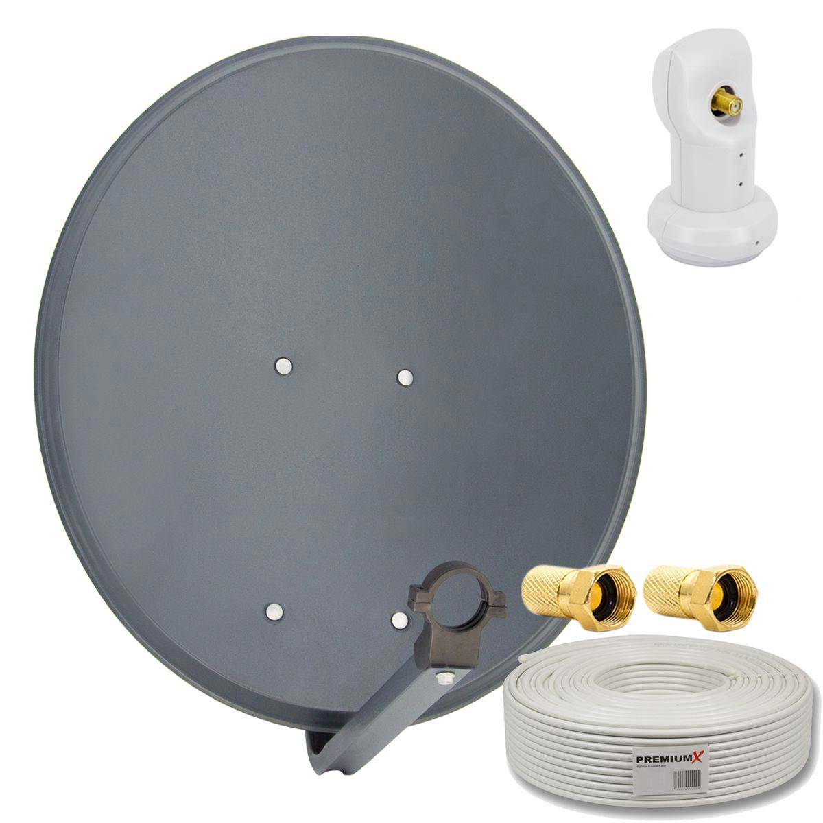 PremiumX Camping Satelliten-Komplettanlage 60cm Satellitenschüssel Anthrazit SAT Single LNB 10m Kabel 2x F-Stecker