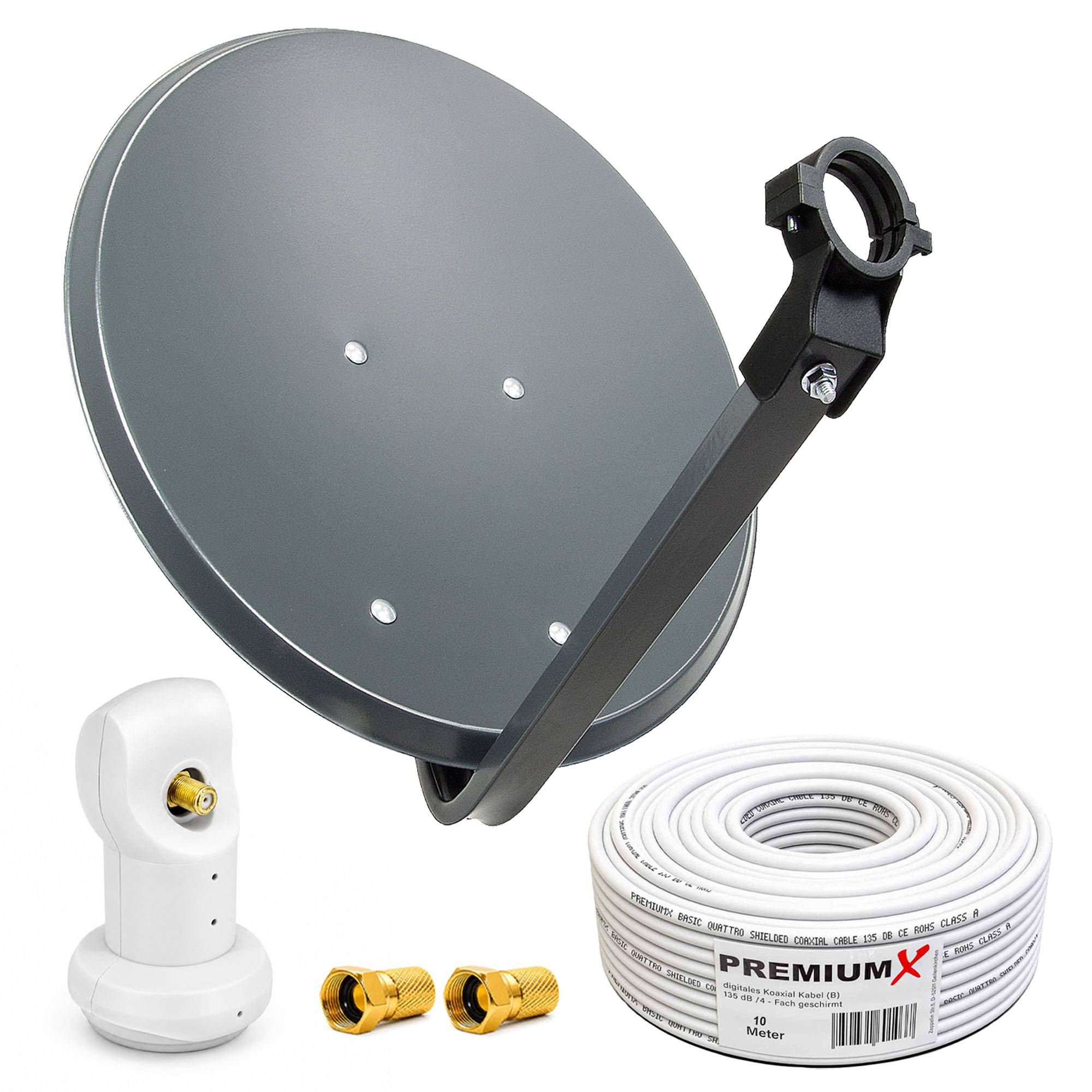 PremiumX Camping Satelliten-Komplettanlage 60cm Satellitenschüssel Anthrazit SAT Single LNB 10m Kabel 2x F-Stecker