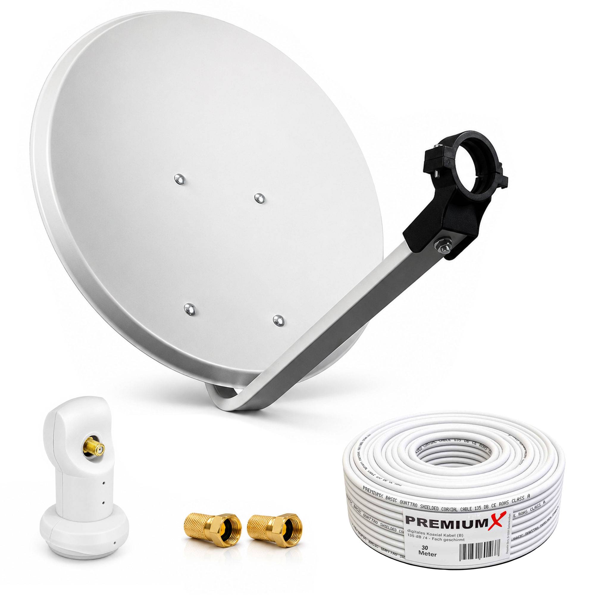 Satellitenschüssel-Antennenbausatz mit Montagearmlehne, Koaxialkabel, zwei Steckverbindern und einem weißen Signalmessgerät auf einfachem Hintergrund.