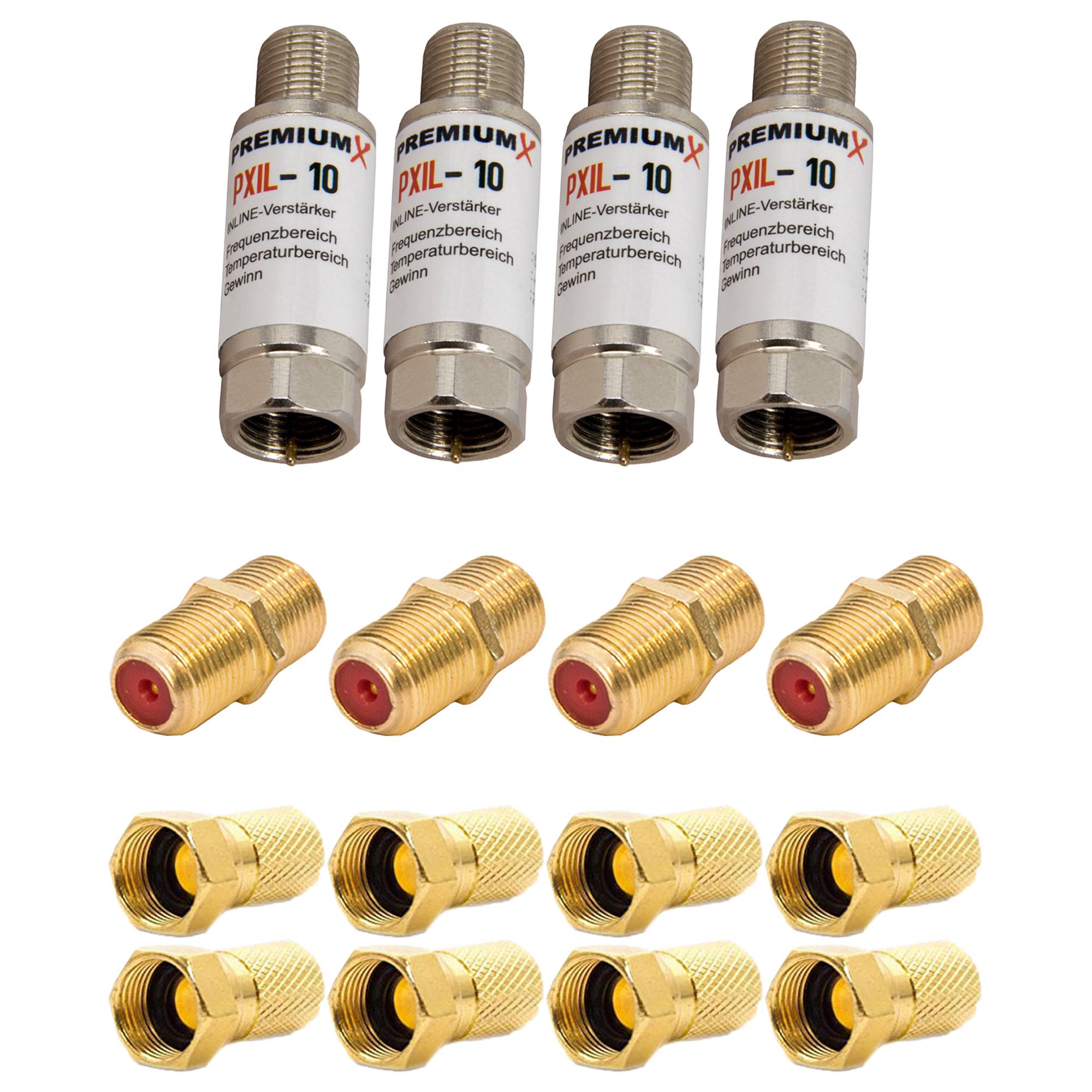 PremiumX 4x PXIL-10 Mini Inline Verstärker 20dB für SAT und DVB-T Leistungsverstärker 5-2500 MHz 4x F-Verbinder 8x F-Stecker 7mm