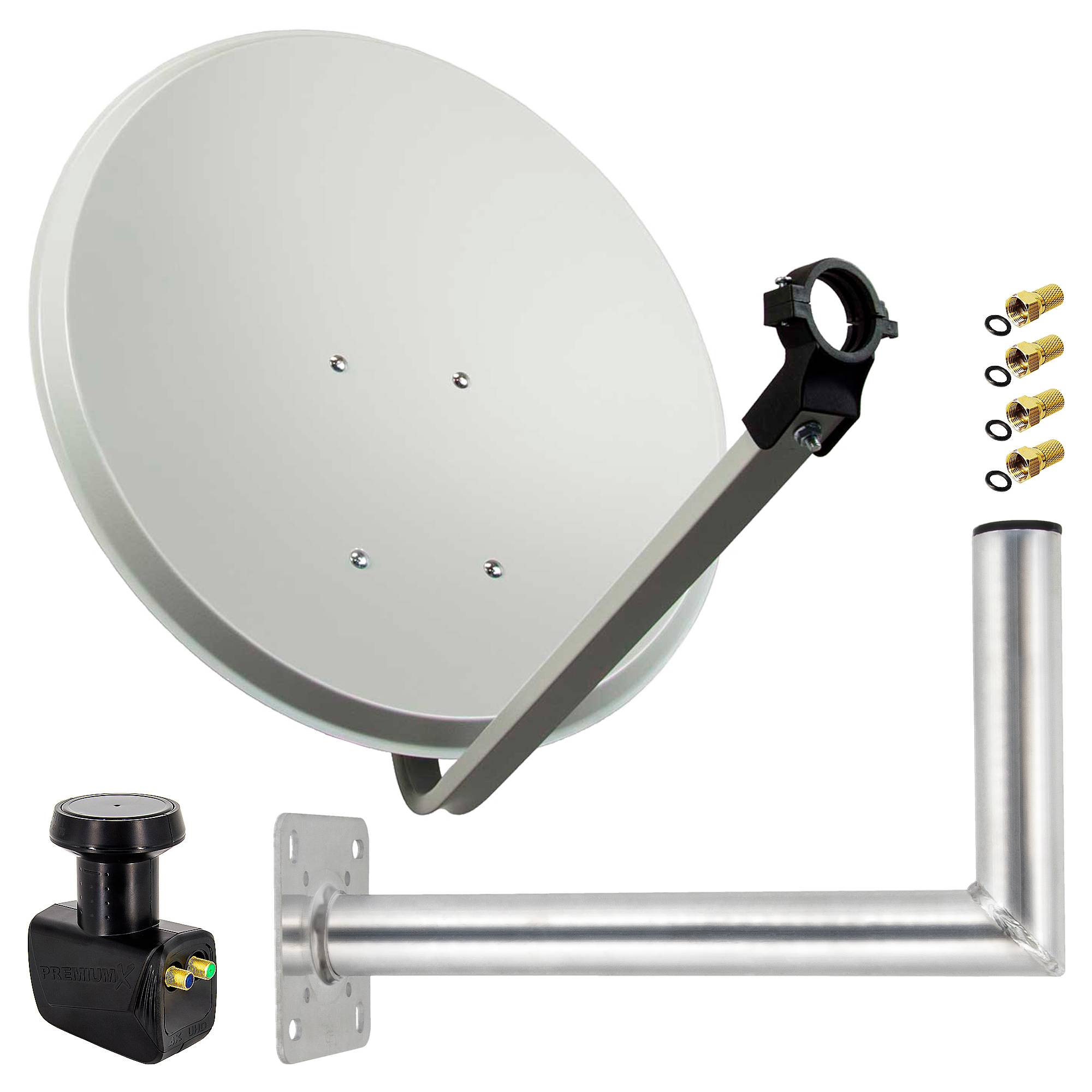 PremiumX Satelliten-Komplettanlage 60cm Satellitenantenne Satellitenschüssel Twin LNB Wandhalter 45cm ALU 2TN 4x F-Stecker