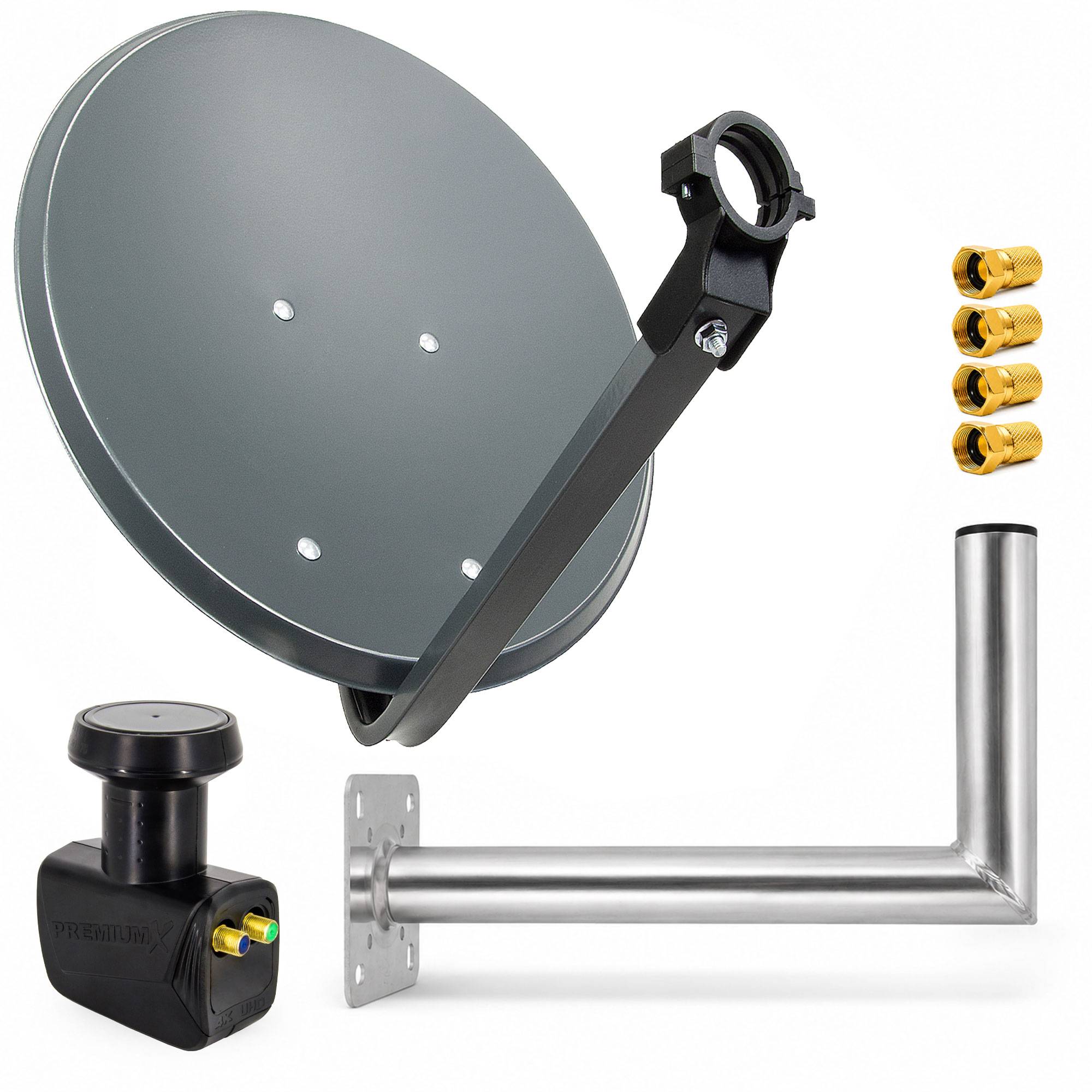 Satellitenschüssel-Antennenbausatz mit Wandhalterung, L-Halterung, LNB und vier vergoldeten Steckverbindern auf weißem Hintergrund.