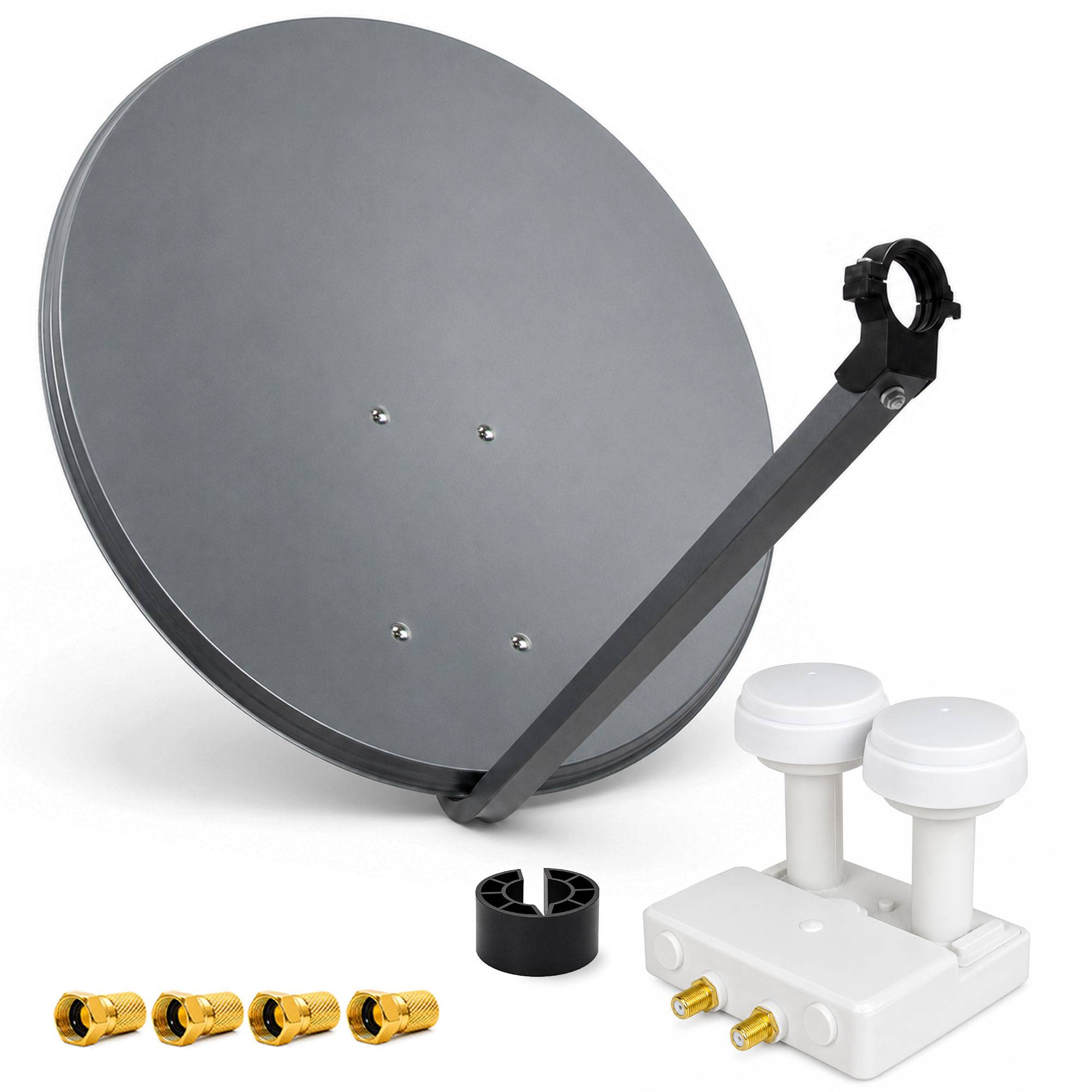 Graue Satellitenschüssel-Antenne mit Halterungsarm, LNB-Einheit und Koaxialsteckern auf weißem Hintergrund.