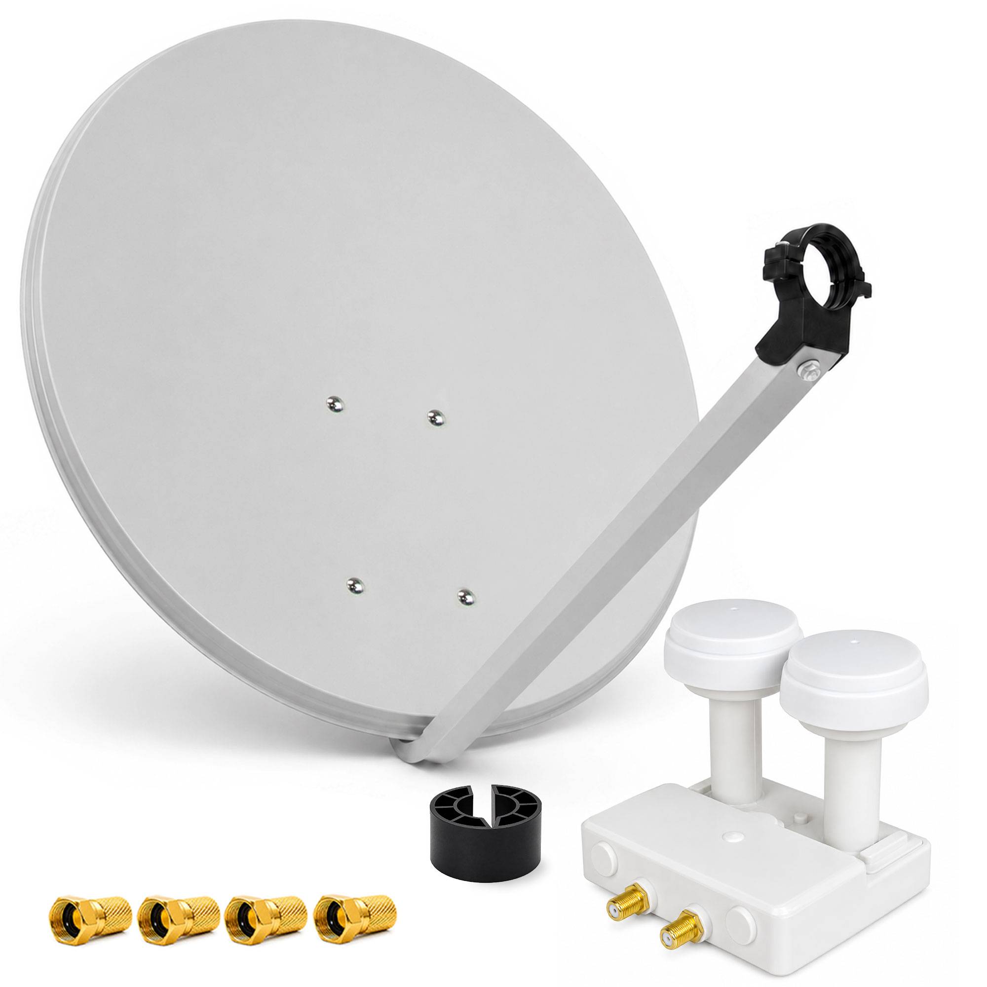 Satellitenschüssel-Antennensatz mit Halterungsarm, Empfängergerät und Steckverbindern auf weißem Hintergrund