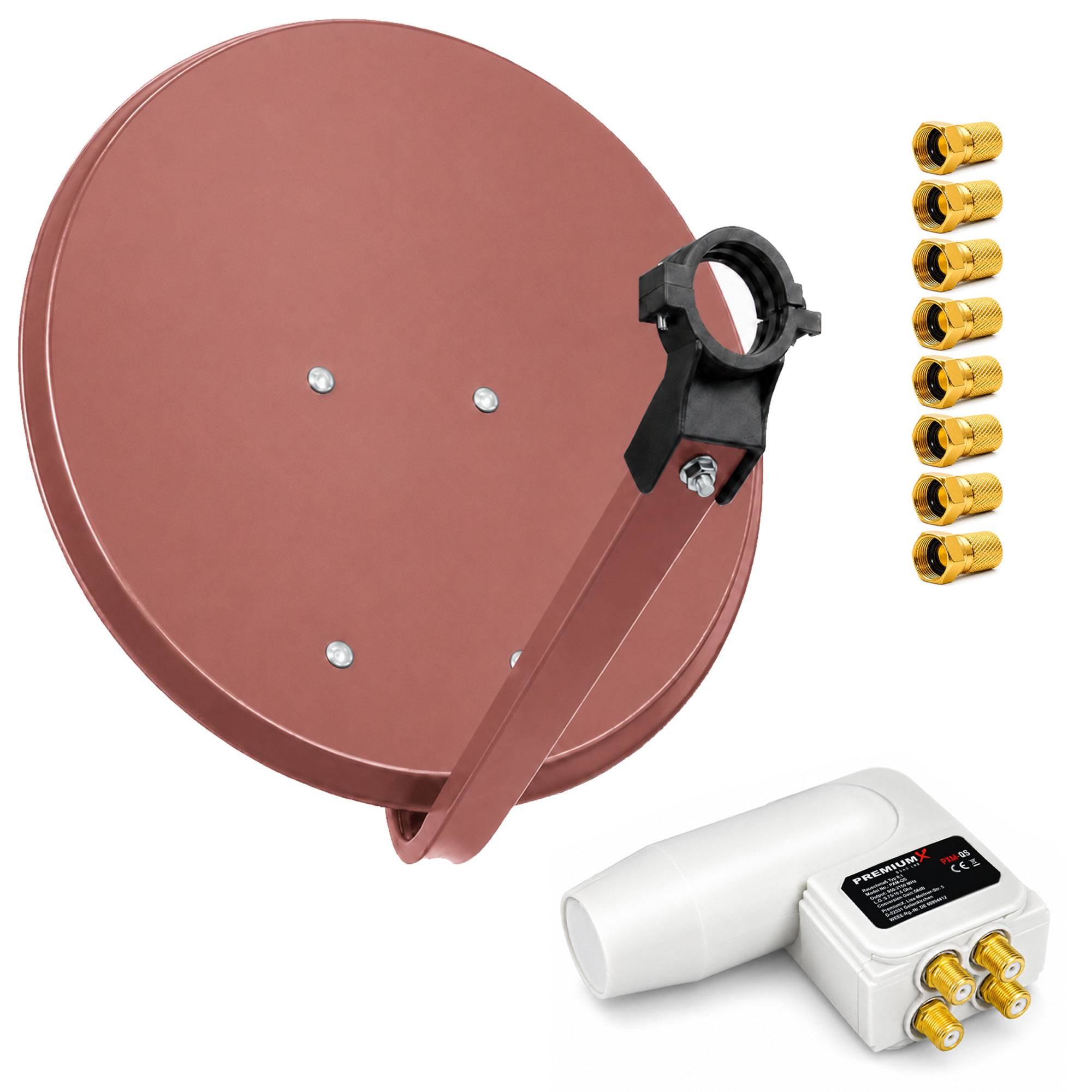 Satellitenschüssel-Set mit Halterungsarm, LNB und sieben vergoldeten Steckverbindern auf weißem Hintergrund.