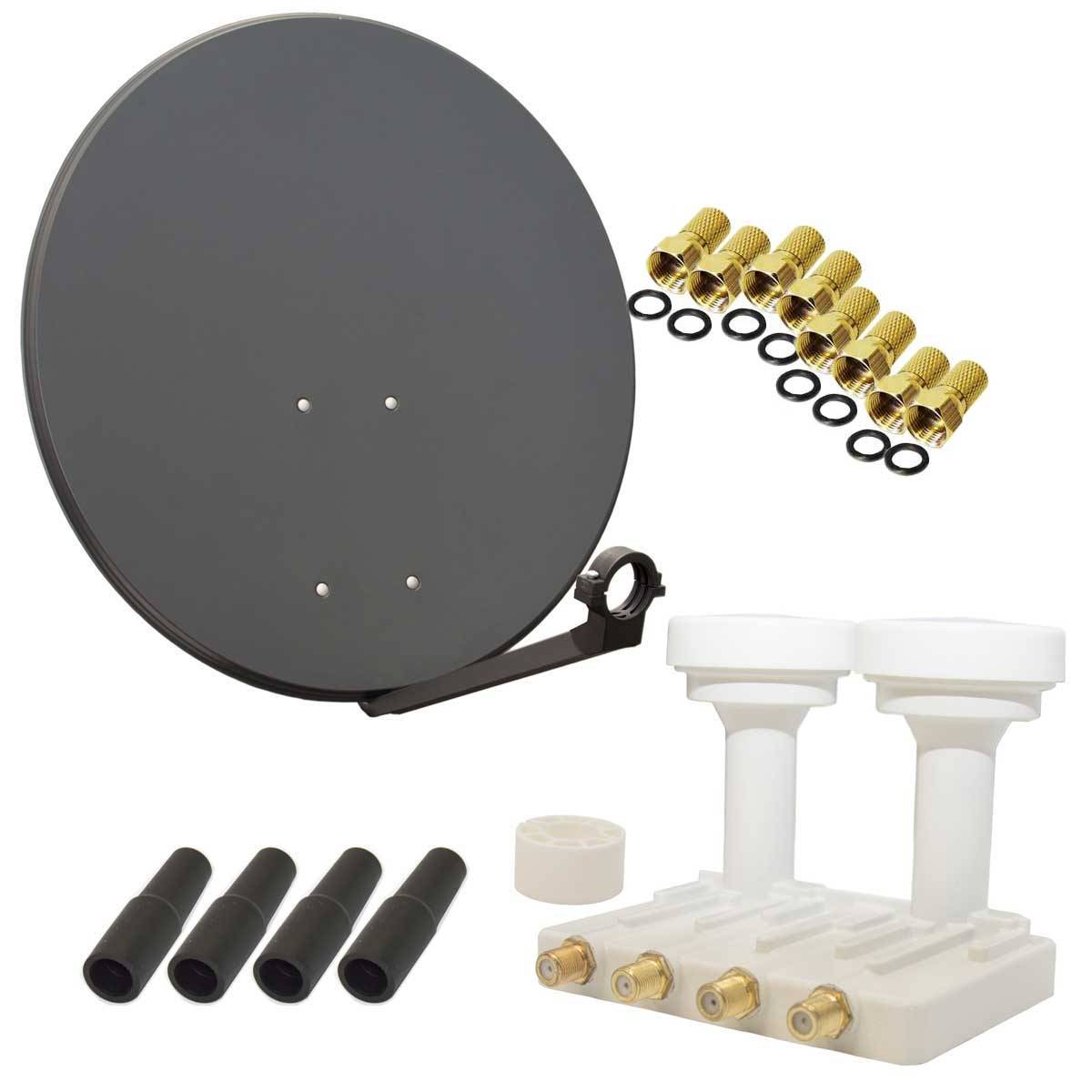 PremiumX Satelliten-Komplettanlage 80cm Satellitenschüssel Quad LNB Monoblock Astra Hotbird 8x F-Stecker, 2 SAT für 4 Teilnehmer