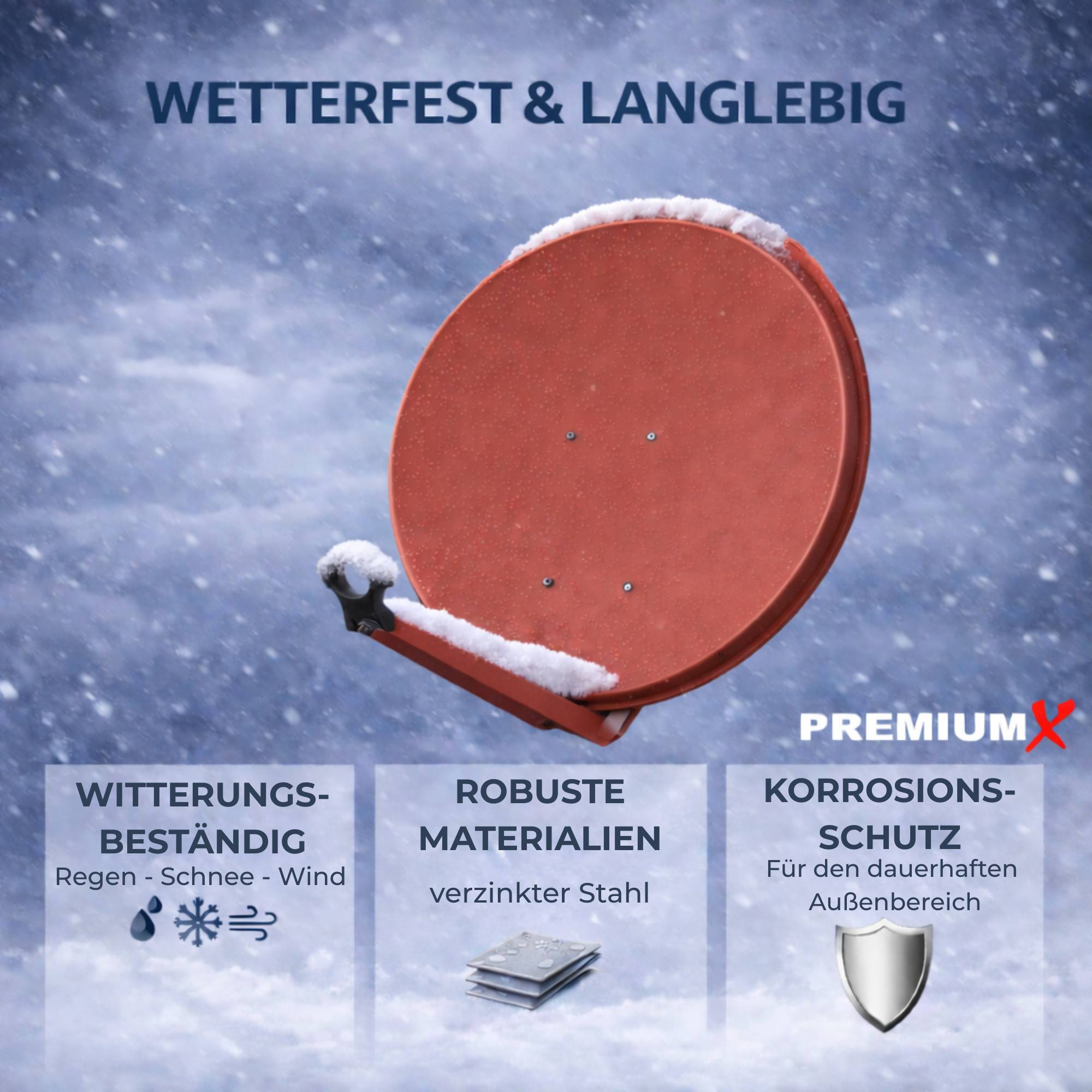 Wetterfeste Satellitenschüssel im Schnee mit der Überschrift „WETTERFEST & LANGLEBIG