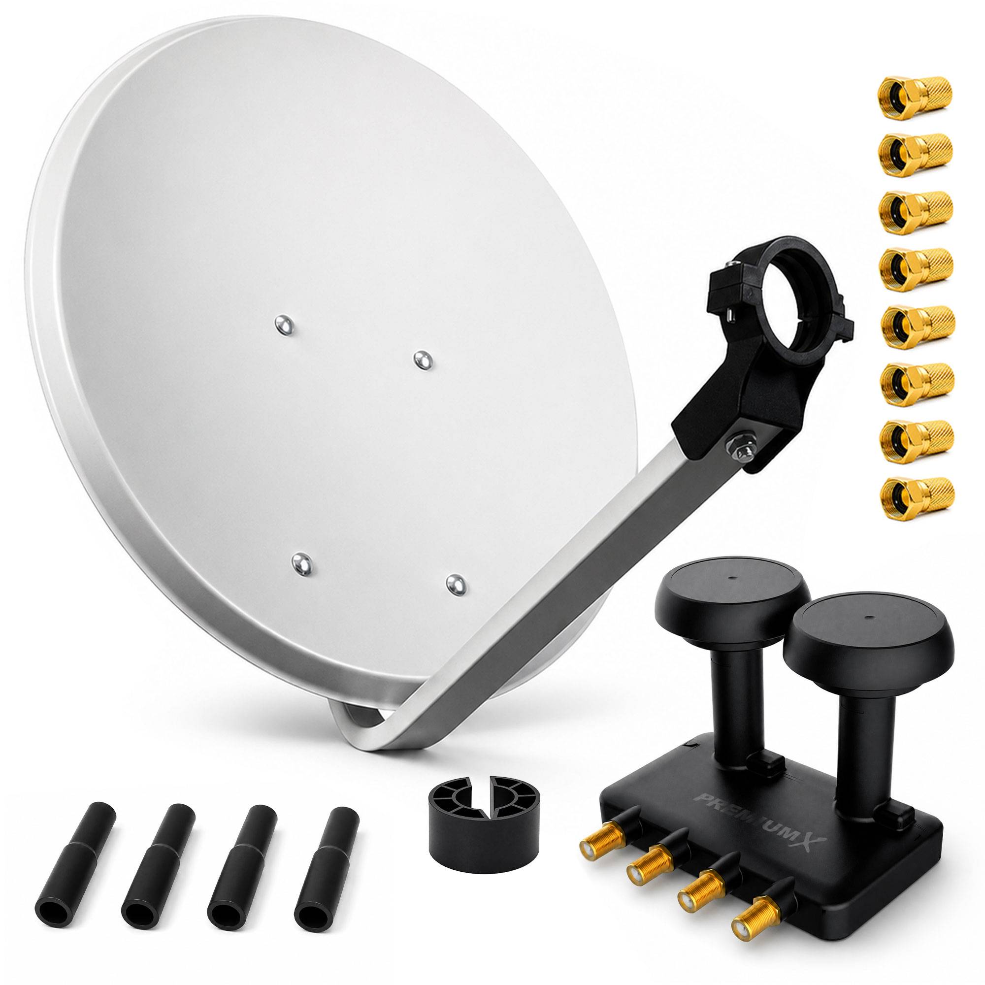Satellitenschüssel-Antennensatz mit Montierungsarm, LNB, Befestigungsklammern, Schrauben und Anschlüssen auf weißem Hintergrund.
