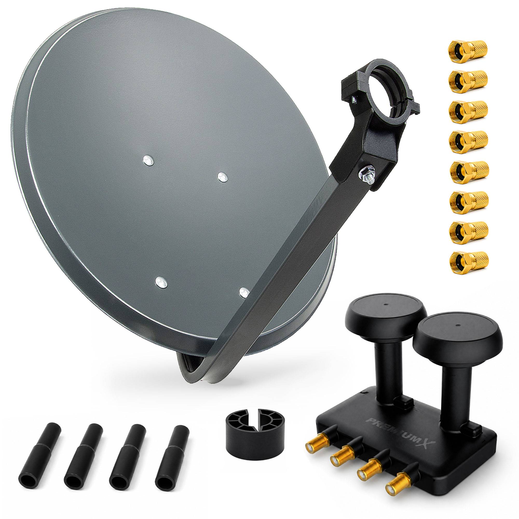 Satellitenschüssel-Antennensatz mit Montageklammer, Koaxialsteckern, Adaptern und Basiskomponenten auf weißem Hintergrund dargestellt.