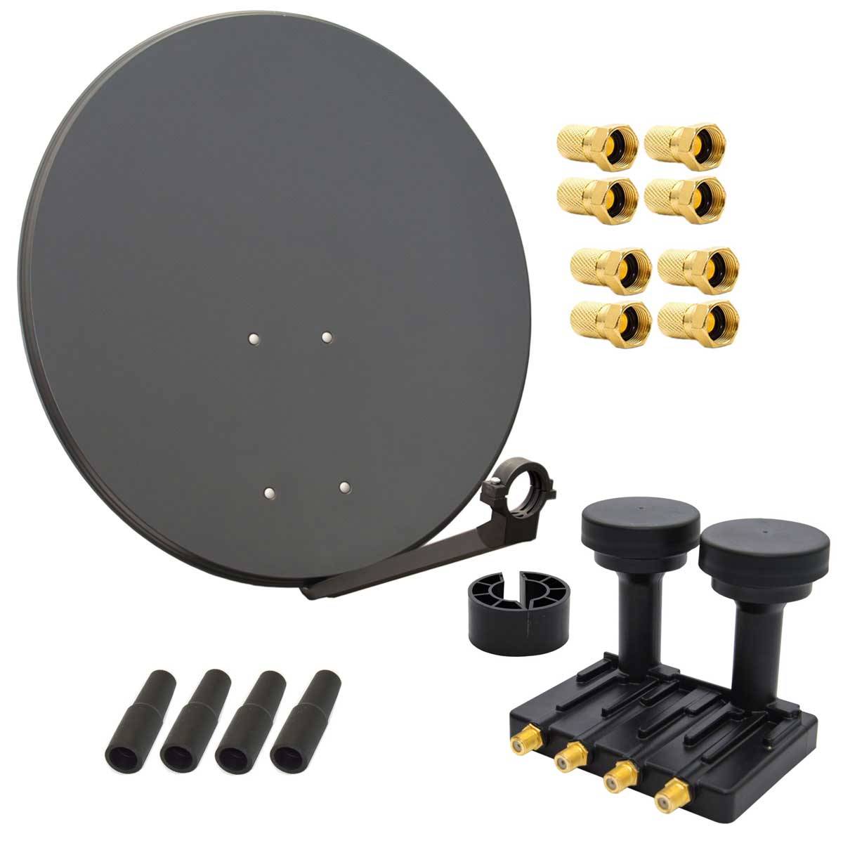 PremiumX Satelliten-Komplettanlage 80cm Satellitenschüssel Quad LNB Monoblock Astra 19,2 Hotbird 13, 2 SAT für 4 Teilnehmer