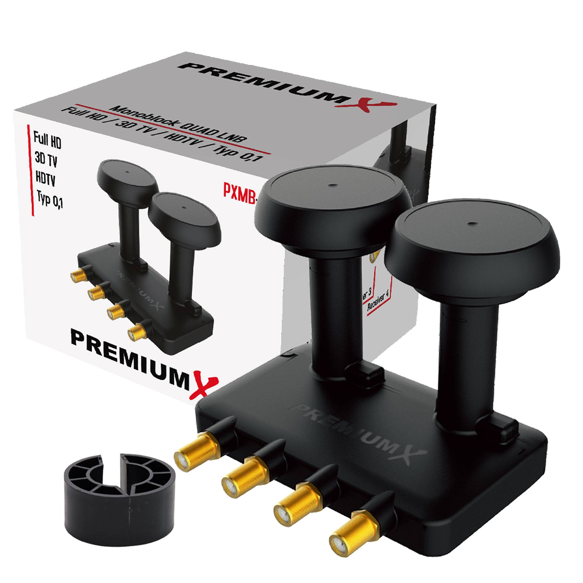 Schwarze Premium X Satellitenantenne LNBF mit zwei runden Speisehörnern und Goldanschlüssen, gezeigt mit Verpackung und Montagering.
