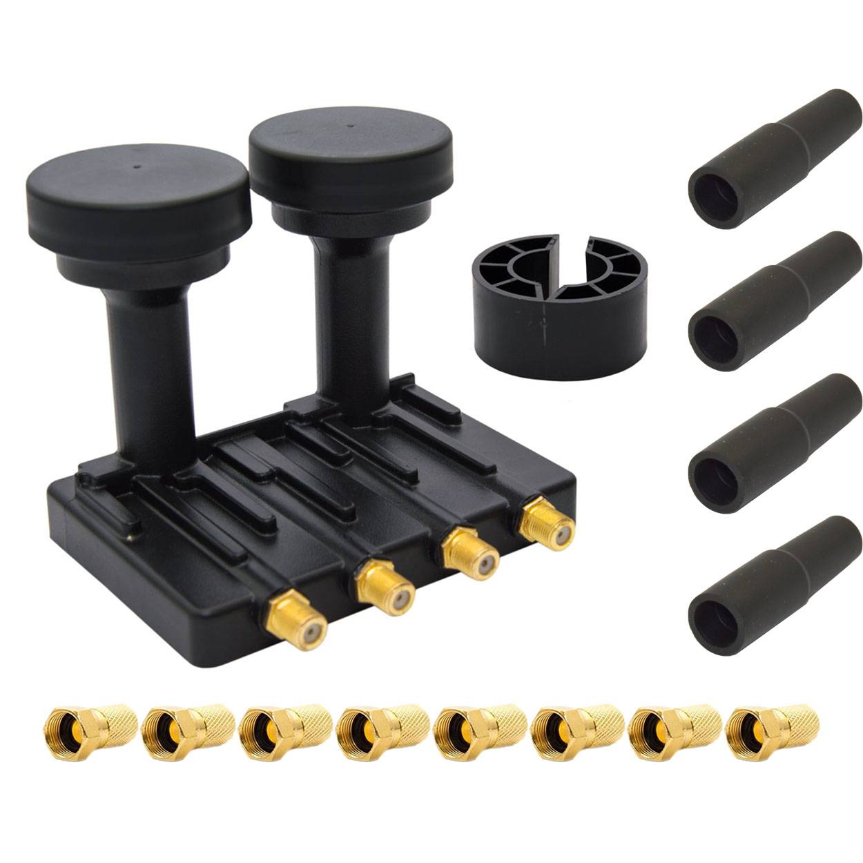 PremiumX Monoblock Quad LNB 0,1dB für Sat Schüssel Astra 19,2° Hotbird 13° 4 Teilnehmer 4x Gummitülle 8x F-Stecker