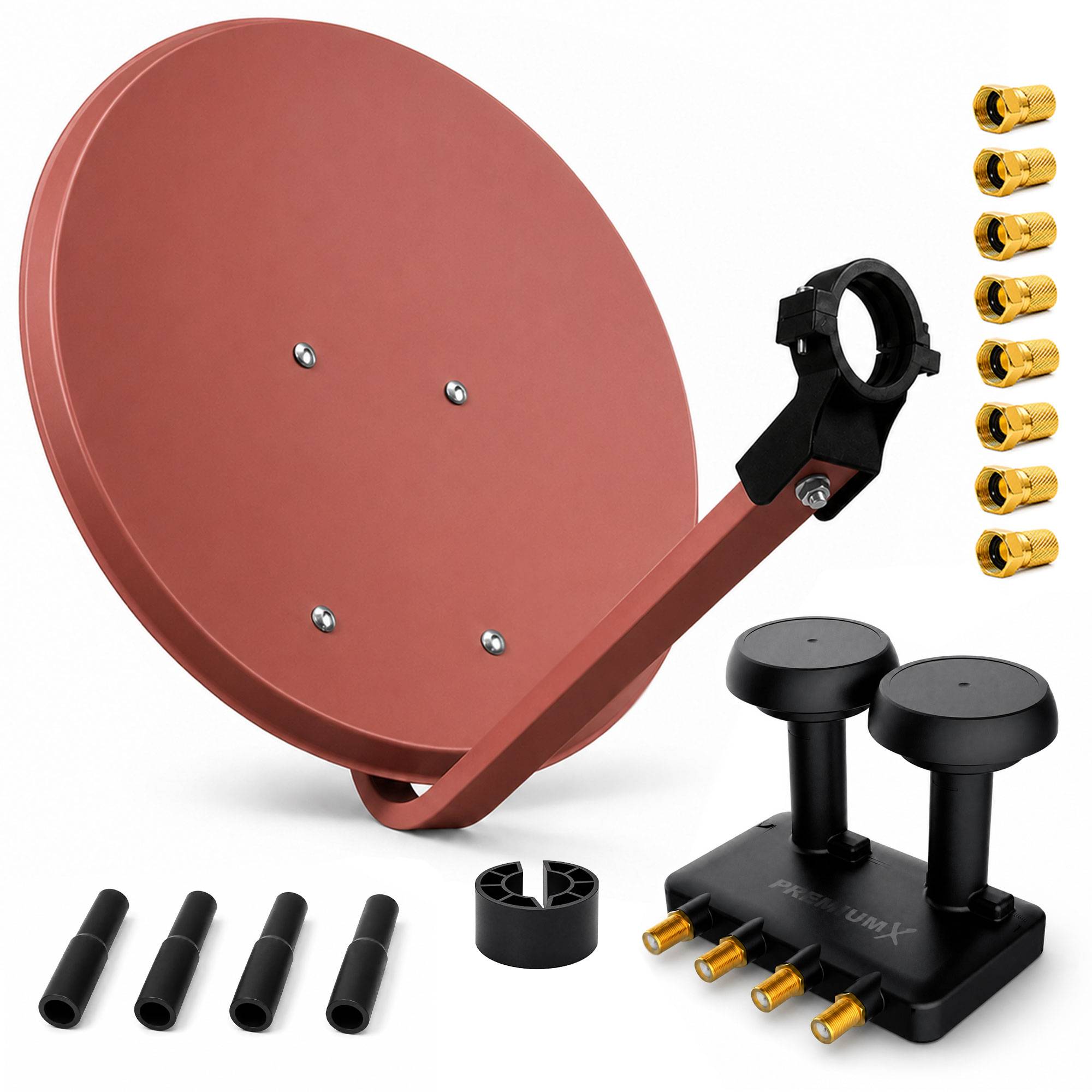 Satellitenantennensatz mit Halterungsset, LNB, Steckverbindern und Kabelrohren auf weißem Hintergrund.
