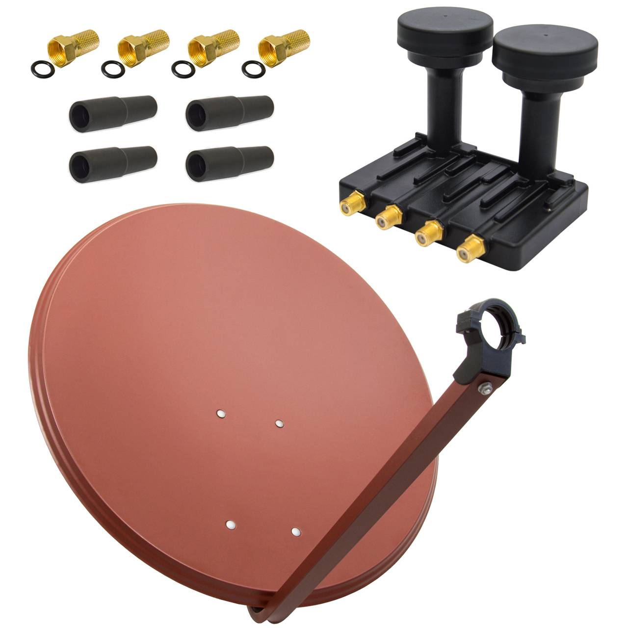 PremiumX Satelliten-Komplettanlage 80cm Satellitenschüssel Ziegelrot Quad LNB Monoblock Astra Hotbird, 2 SAT bis 4 Teilnehmer