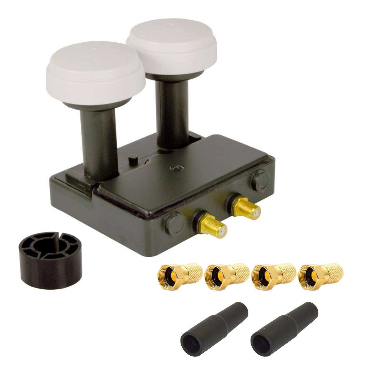 PremiumX Monoblock Twin LNB 0,1dB Astra 19,2° Hotbird 13° HDTV FullHD 2 Teilnehmer 2x Gummitülle 4x F-Stecker