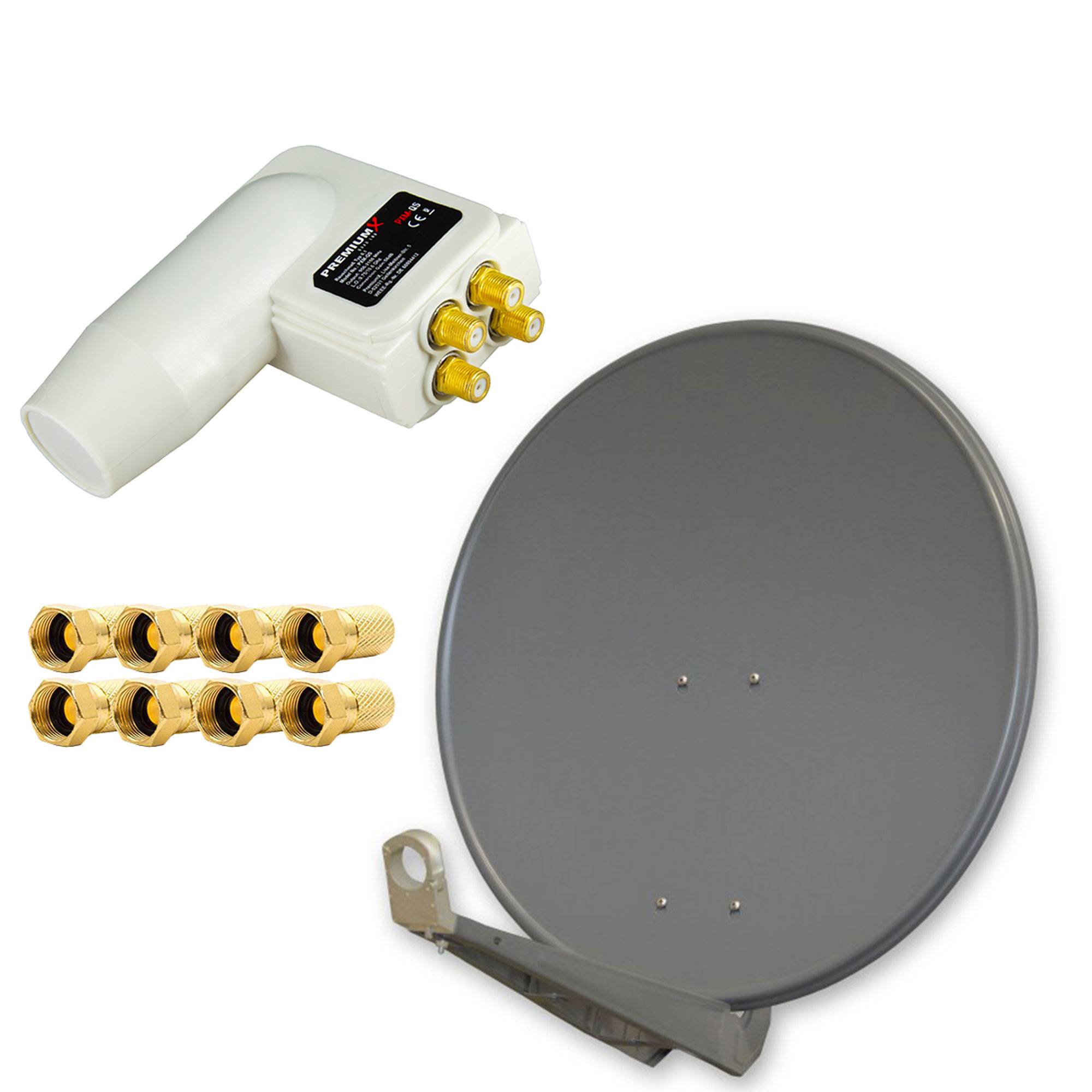 PremiumX DELUXE80 Aluminium 80cm Antenne Digital SAT Schüssel Spiegel Anthrazit HDTV HD+ 3D 4K + PremiumX LNB Quad 0,1dB Weiß Quattro Switch + 8x F-
