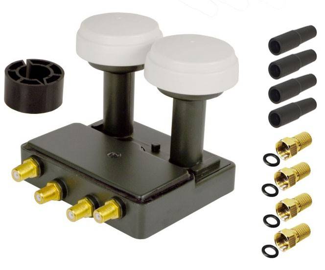 PremiumX Monoblock Quad LNB 0,1dB für Sat Schüssel Astra 19,2° Hotbird 13° 4 Teilnehmer 4x Gummitülle 10x F-Stecker