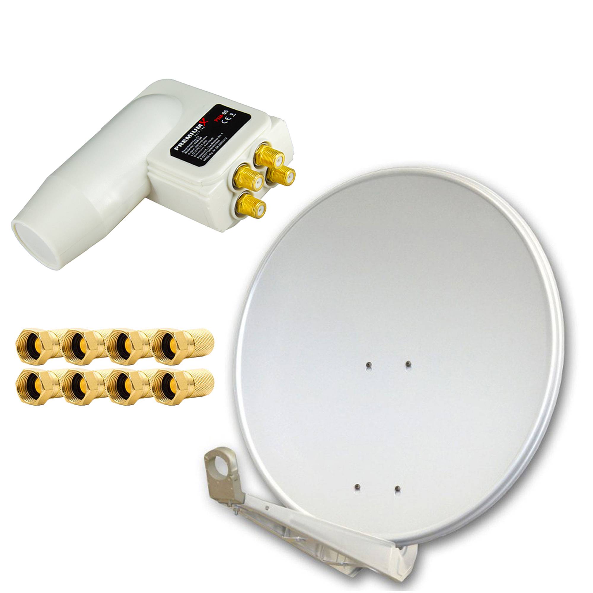 PremiumX DELUXE80 Aluminium Hellgrau 80cm Antenne Digital SAT Schüssel Spiegel HDTV HD+ 3D 4K + PremiumX LNB Quad 0,1dB Weiß Quattro Switch + 8x F-S