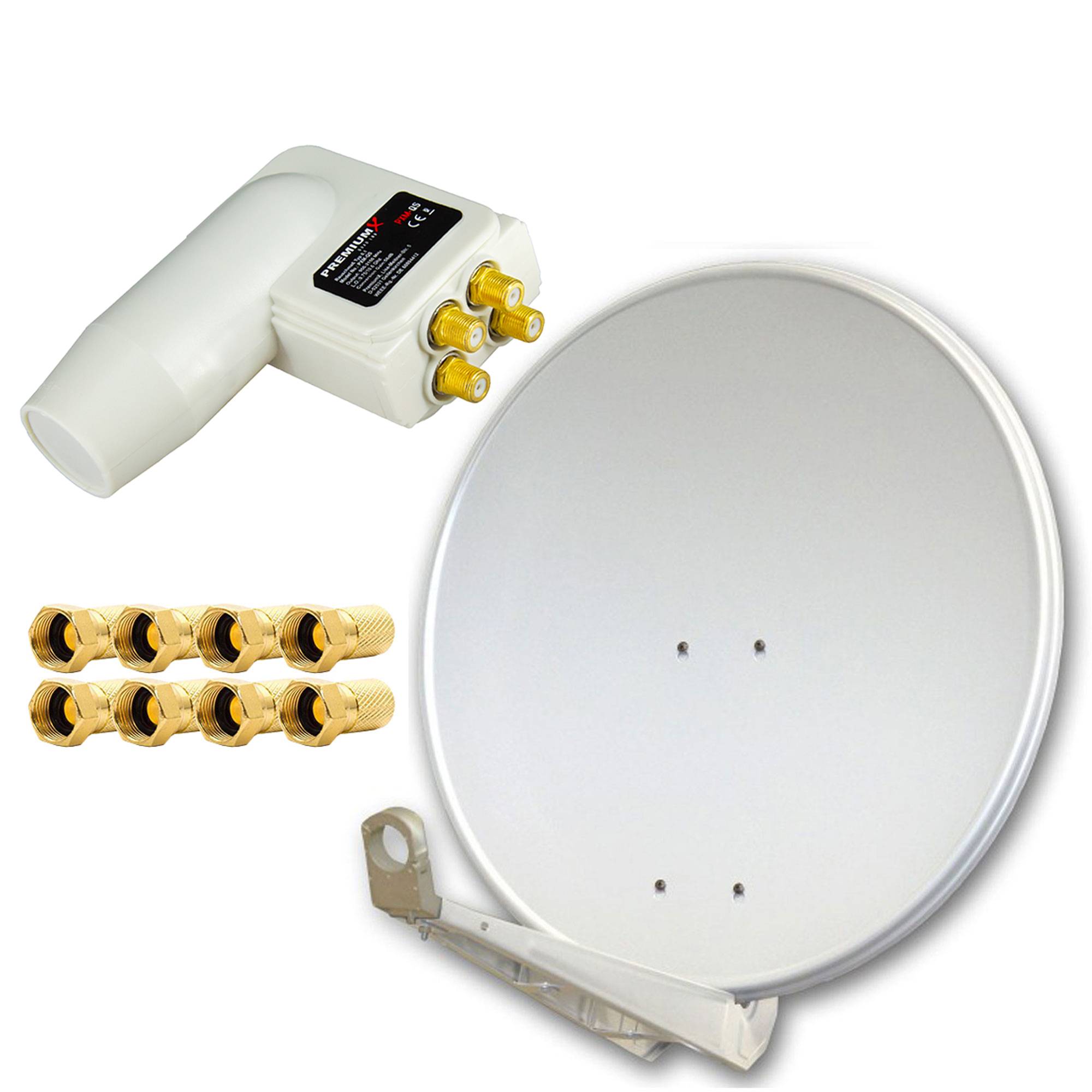 PremiumX DELUXE85 Aluminium Hellgrau 85cm Antenne Digital SAT Schüssel Spiegel HDTV HD 3D 4K + PremiumX LNB Quad 0,1dB Weiß Quattro Switch + 8x F-St