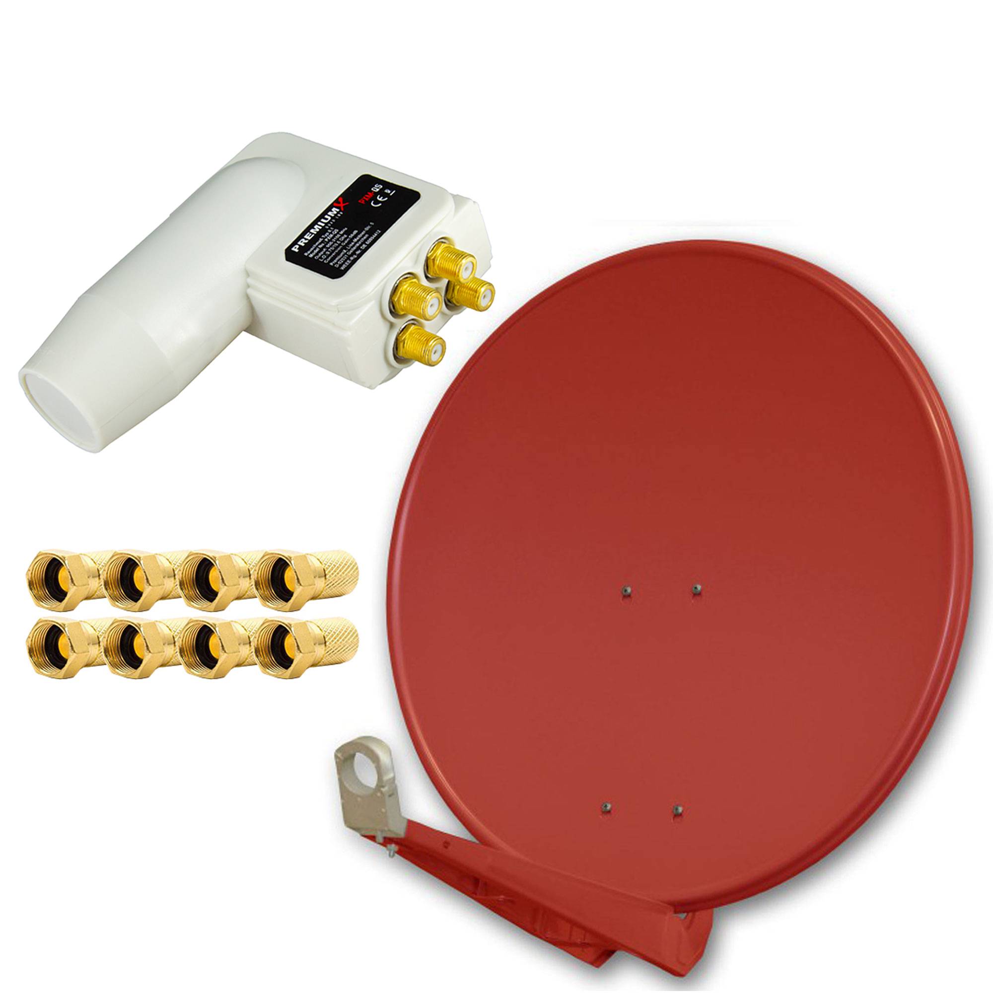 PremiumX DELUXE85 Aluminium Ziegelrot 85cm Antenne Digital SAT Schüssel Spiegel HDTV HD 3D 4K + PremiumX LNB Quad 0,1dB Weiß Quattro Switch + 8x F-S