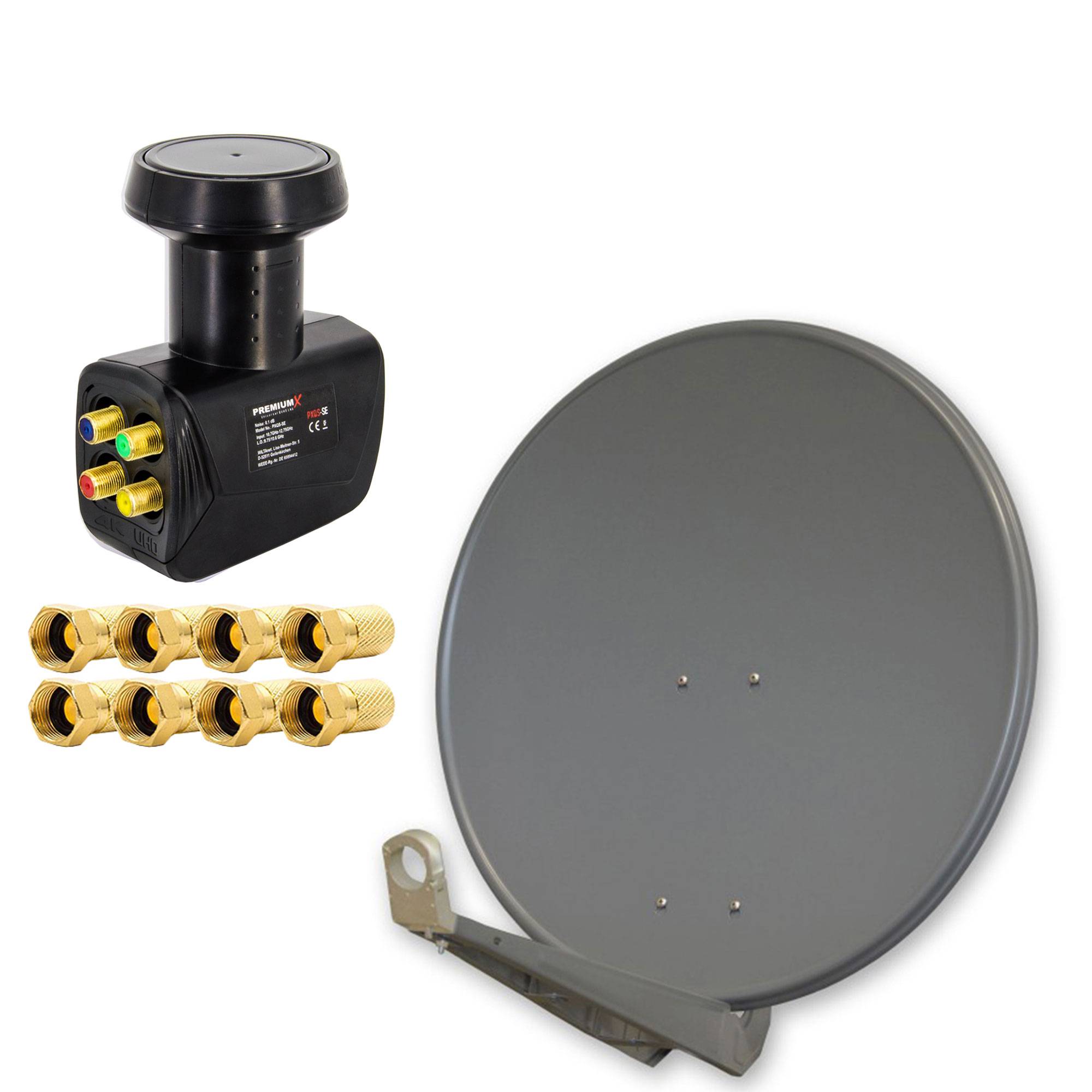 PremiumX DELUXE SAT Anlage für 4 Teilnehmer 85cm Satellitenantenne ALU Anthrazit mit Quad LNB Black Edition inkl. 8x F-Stecker