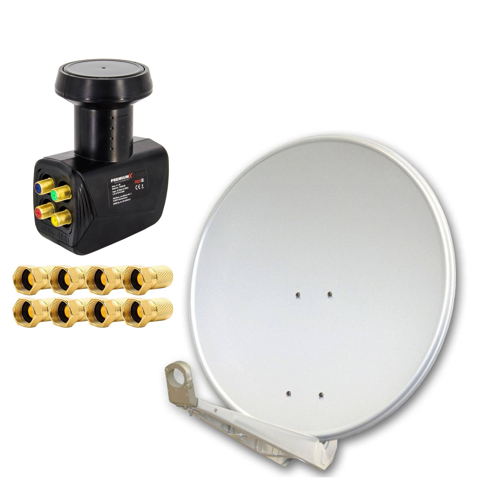 Antenne PremiumX DELUXE80 Aluminium 80cm Digital SAT Schüssel Spiegel in Hellgrau für HDTV HD+ 3D 4K Ultra + LNB Quad 0,1 dB PremiumX PXQS-SE Quattr