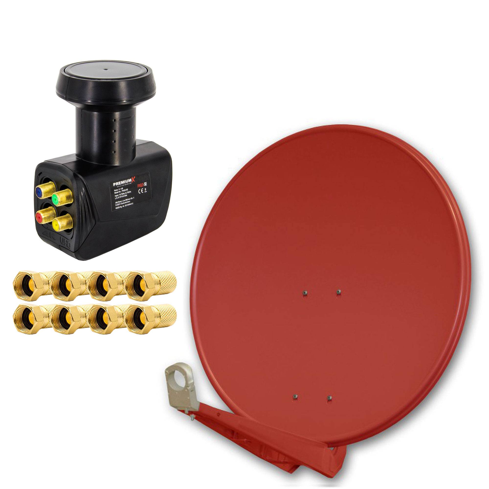 PremiumX DELUXE80 Aluminium 80cm Digital SAT Schüssel Spiegel in Ziegelrot für HDTV HD+ 3D 4K Ultra + LNB Quad 0,1 dB PremiumX PXQS-SE Quattro Switc