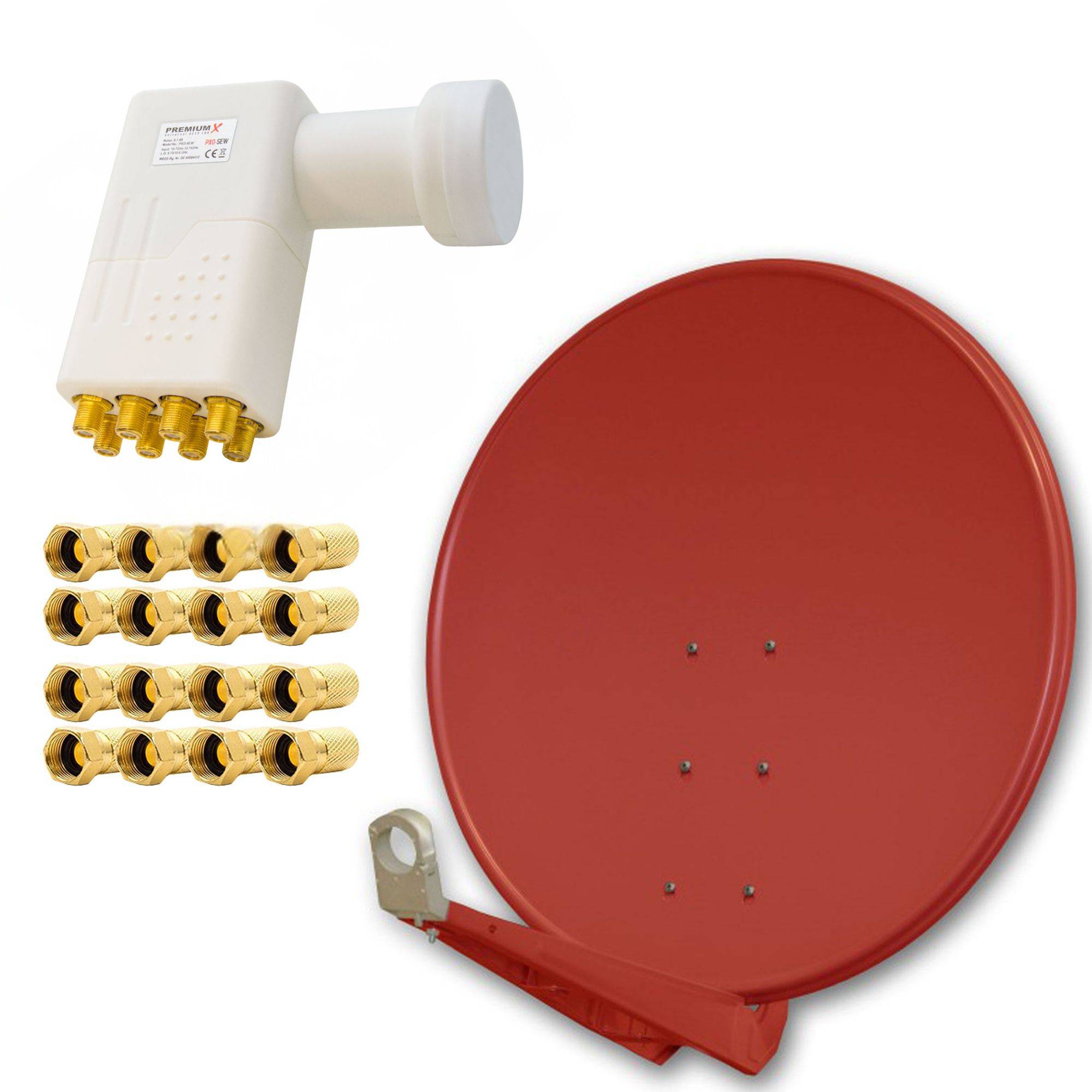 PremiumX DELUXE80 Aluminium 80cm Antenne Digital SAT Schüssel Spiegel in Ziegelrot für HDTV HD+ 4K mit LNB Octo 0,1dB zum Direktanschluss von 8 Teil