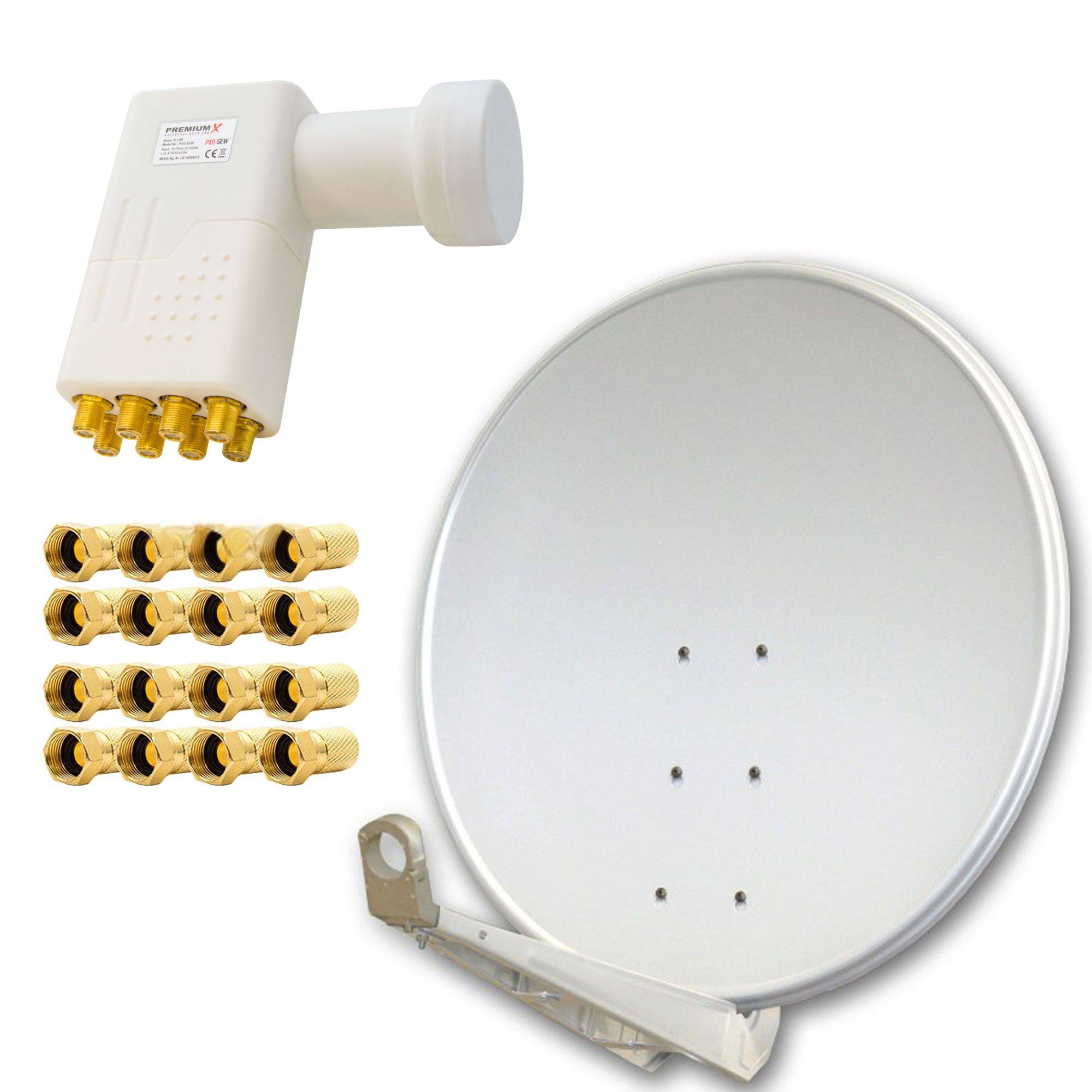 PremiumX DELUXE85 Aluminium 85cm Antenne Digital SAT Schüssel Spiegel in Hellgrau HDTV 4K LNB Octo 0,1dB zum Direktanschluss von 8 Teilnehmern inkl
