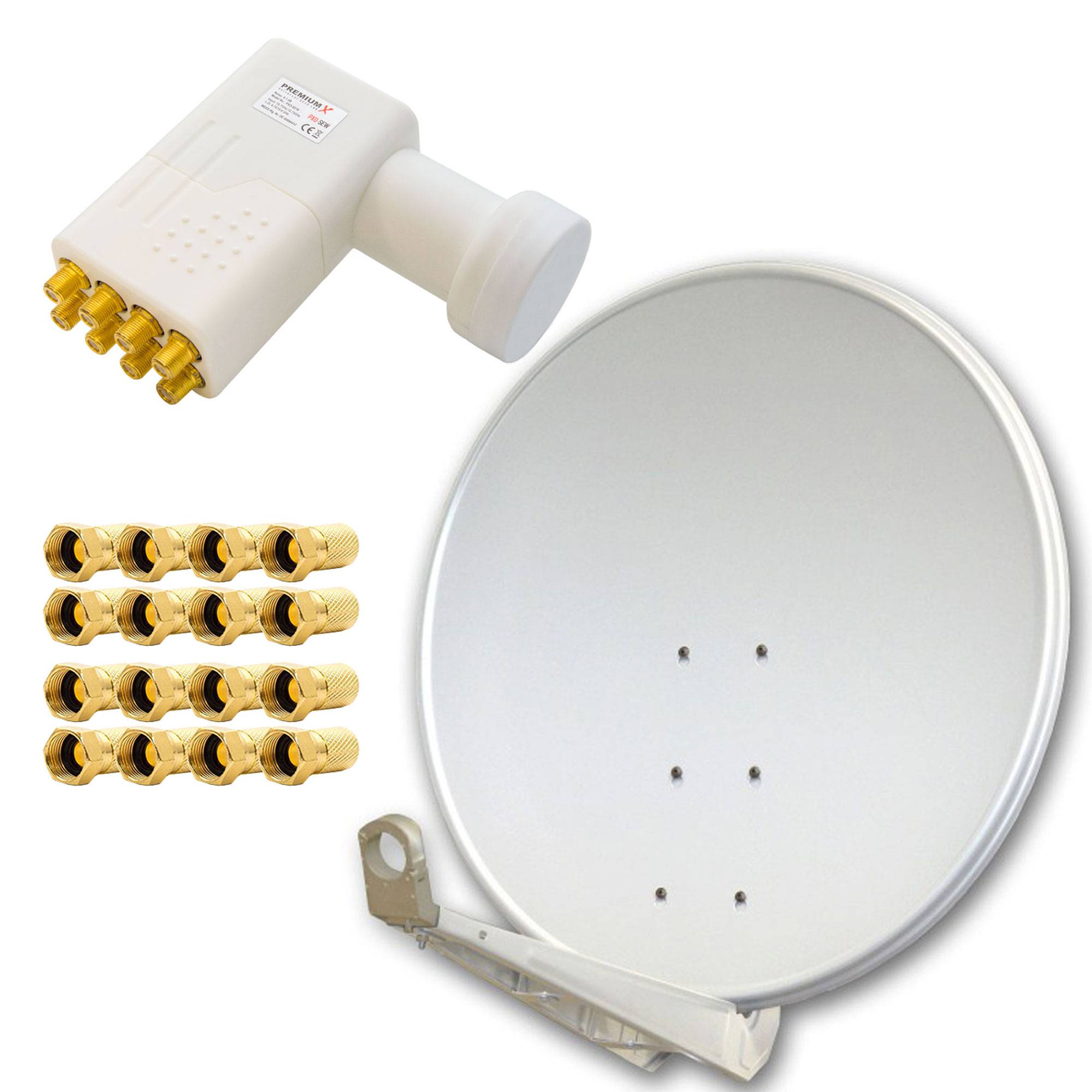 PremiumX DELUXE100 Aluminium 100cm Digital SAT Schüssel Spiegel in Hellgrau für HDTV HD+ 3D + LNB Octo WE 0,1 dB PXO-08 zum Direktanschluss von 8 Te